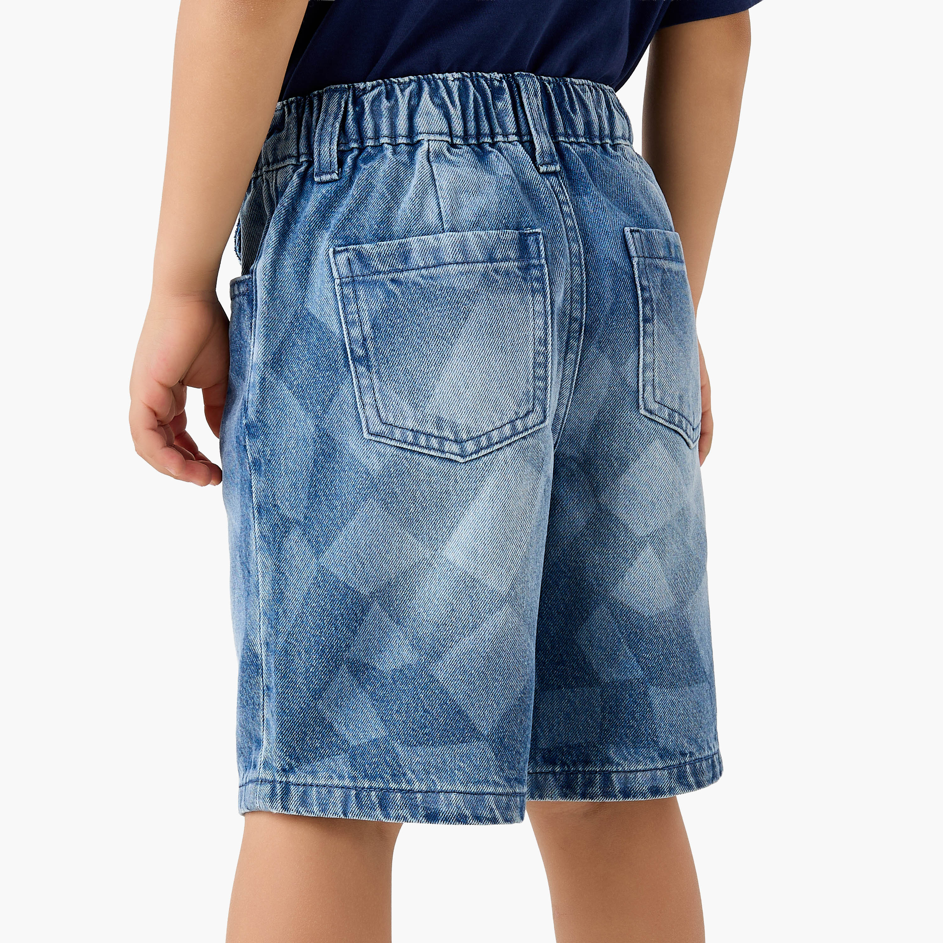 Juniors Elastic Waist Denim Shorts with Checked Design-boys-clothing-bottoms-shorts-image-3