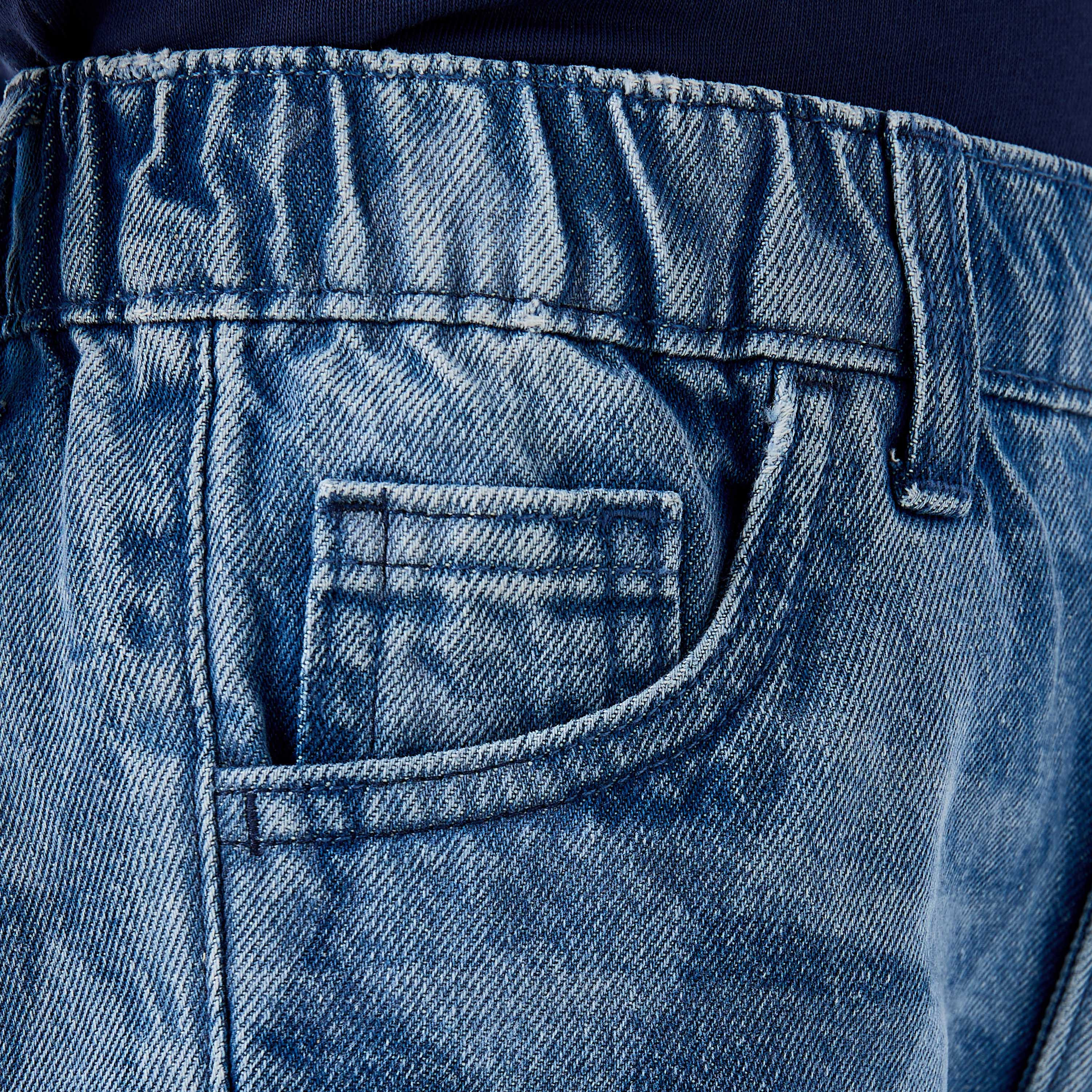 Juniors Elastic Waist Denim Shorts with Checked Design-boys-clothing-bottoms-shorts-image-4