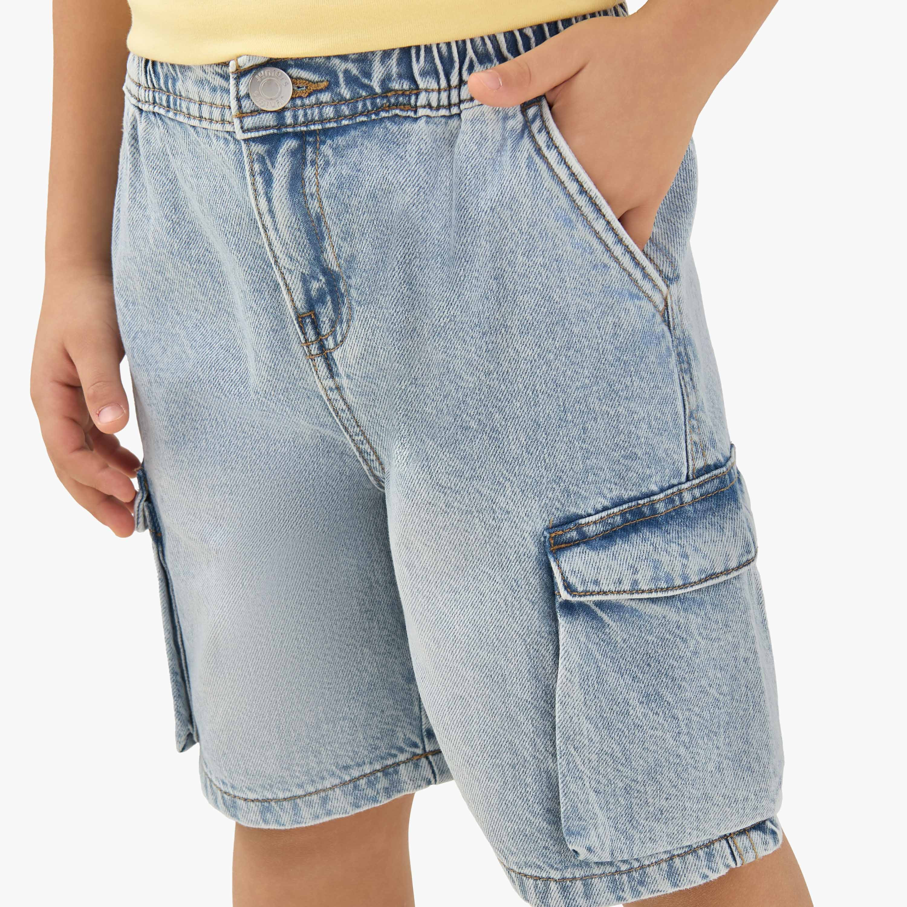 Juniors Elastic Buttoned Waist Shorts with Cargo Pockets-boys-clothing-bottoms-shorts-image-4
