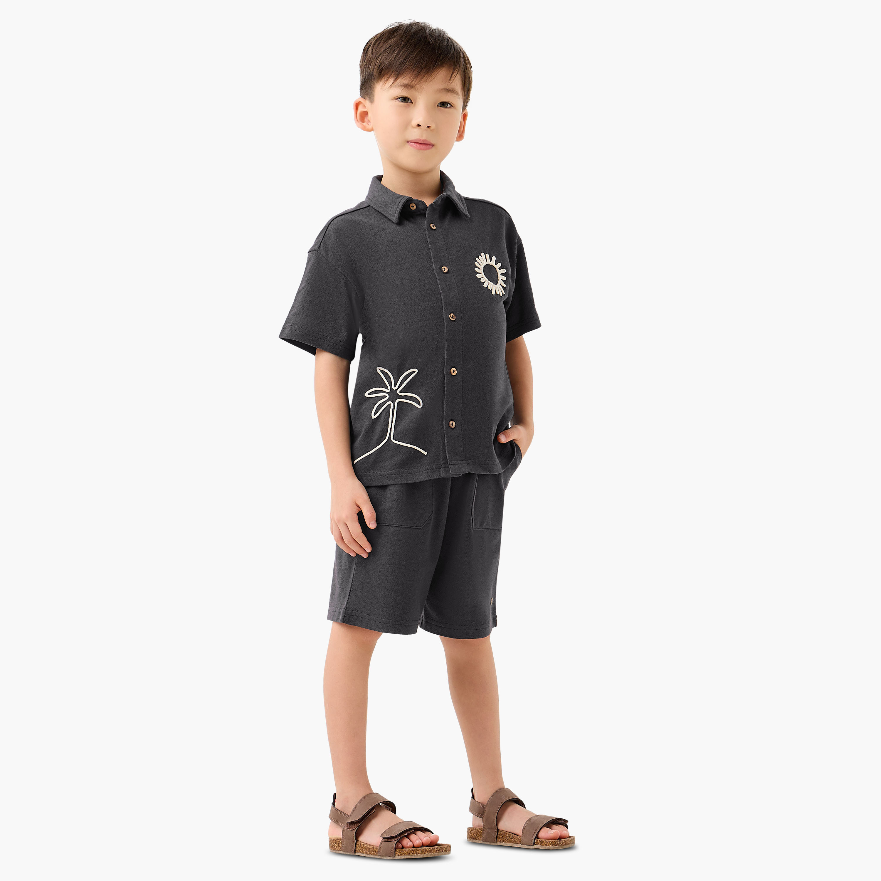 Eligo Boys Shirt and Shorts Set with Embroidery - Cotton - Short Sleeves - Collared Neck-boys-clothing-setsandcoords-image-1
