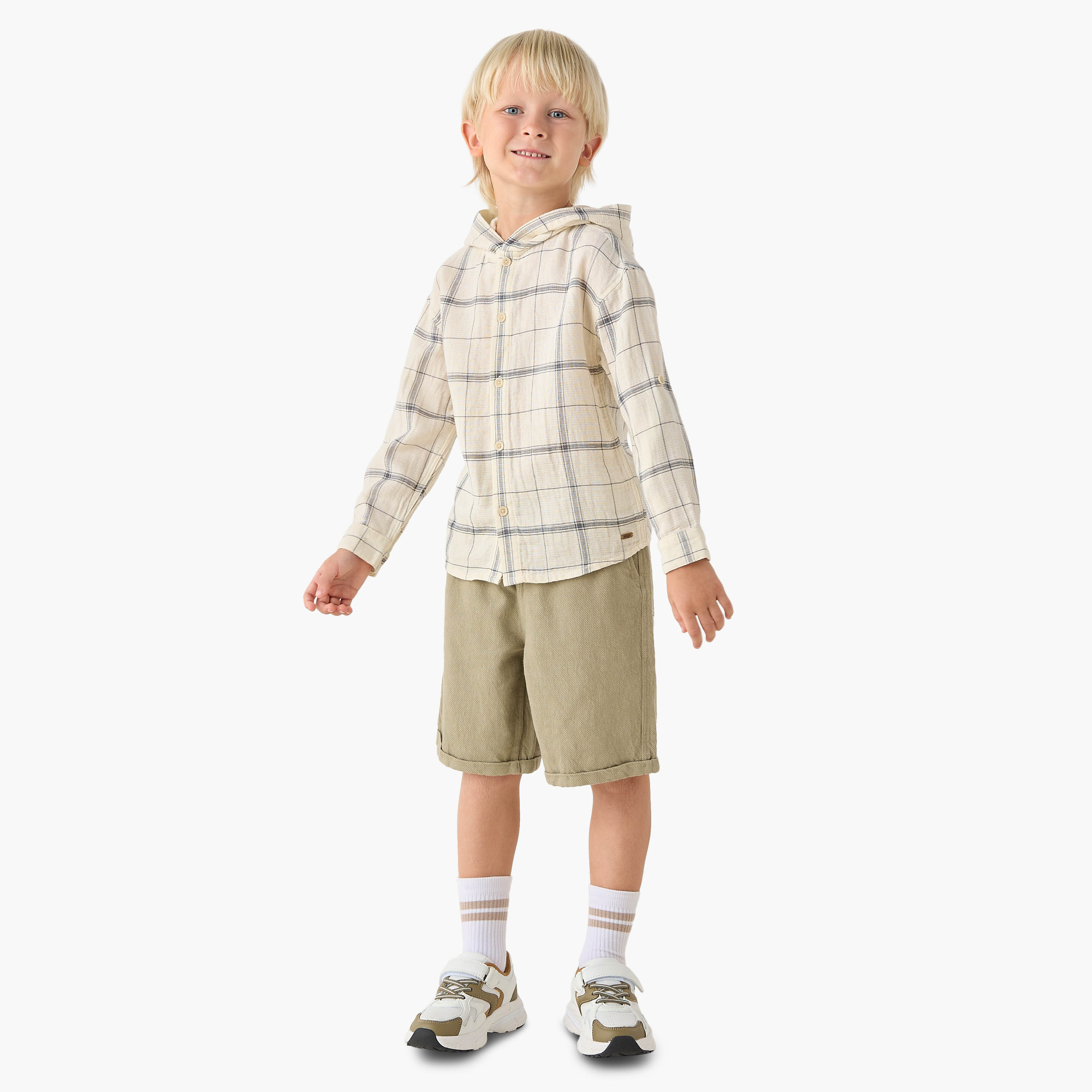 طقم قميص كاروهات بقبعة وأكمام طويلة مع شورت من إليجو-boys-clothing-setsandcoords-image-1