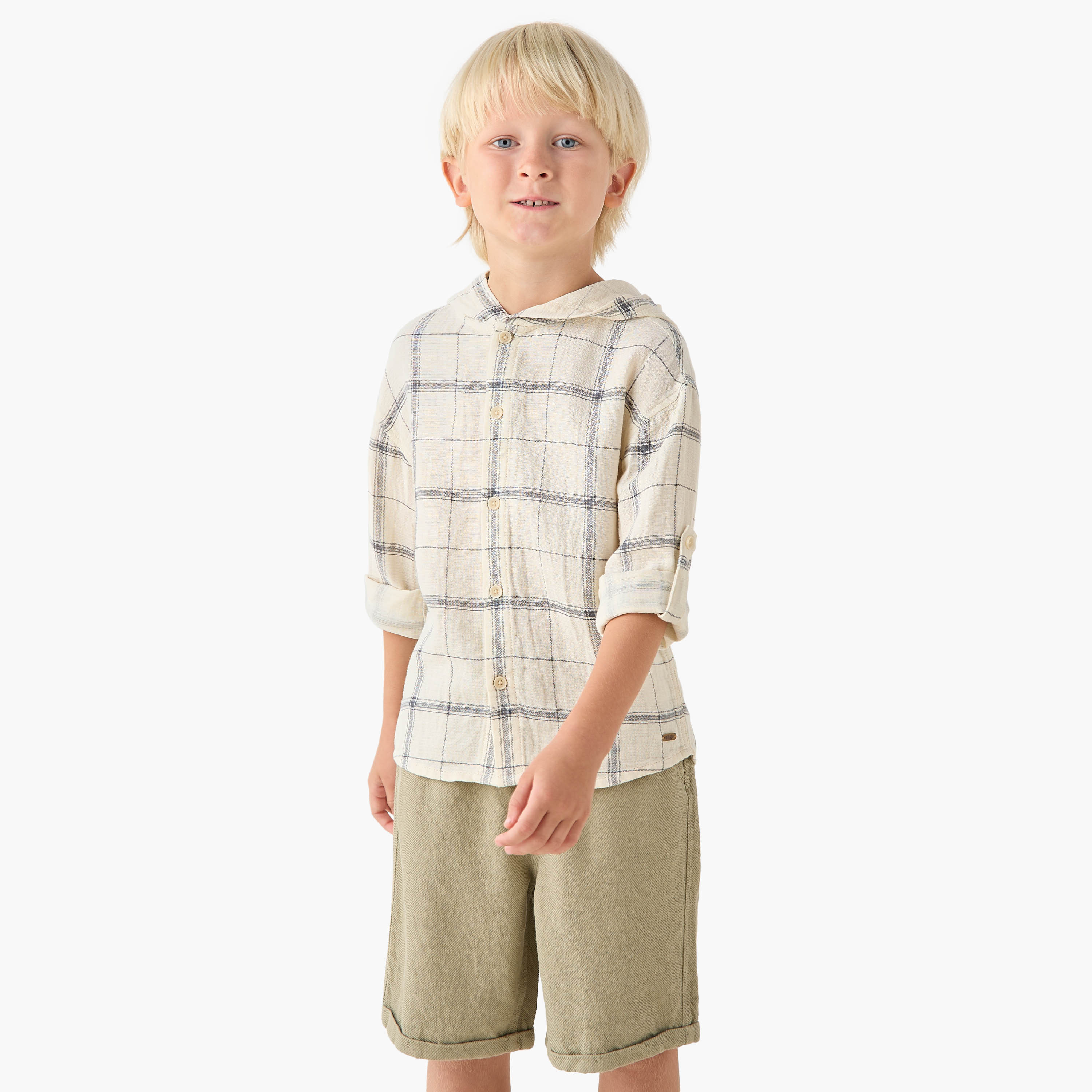 طقم قميص كاروهات بقبعة وأكمام طويلة مع شورت من إليجو-boys-clothing-setsandcoords-image-2