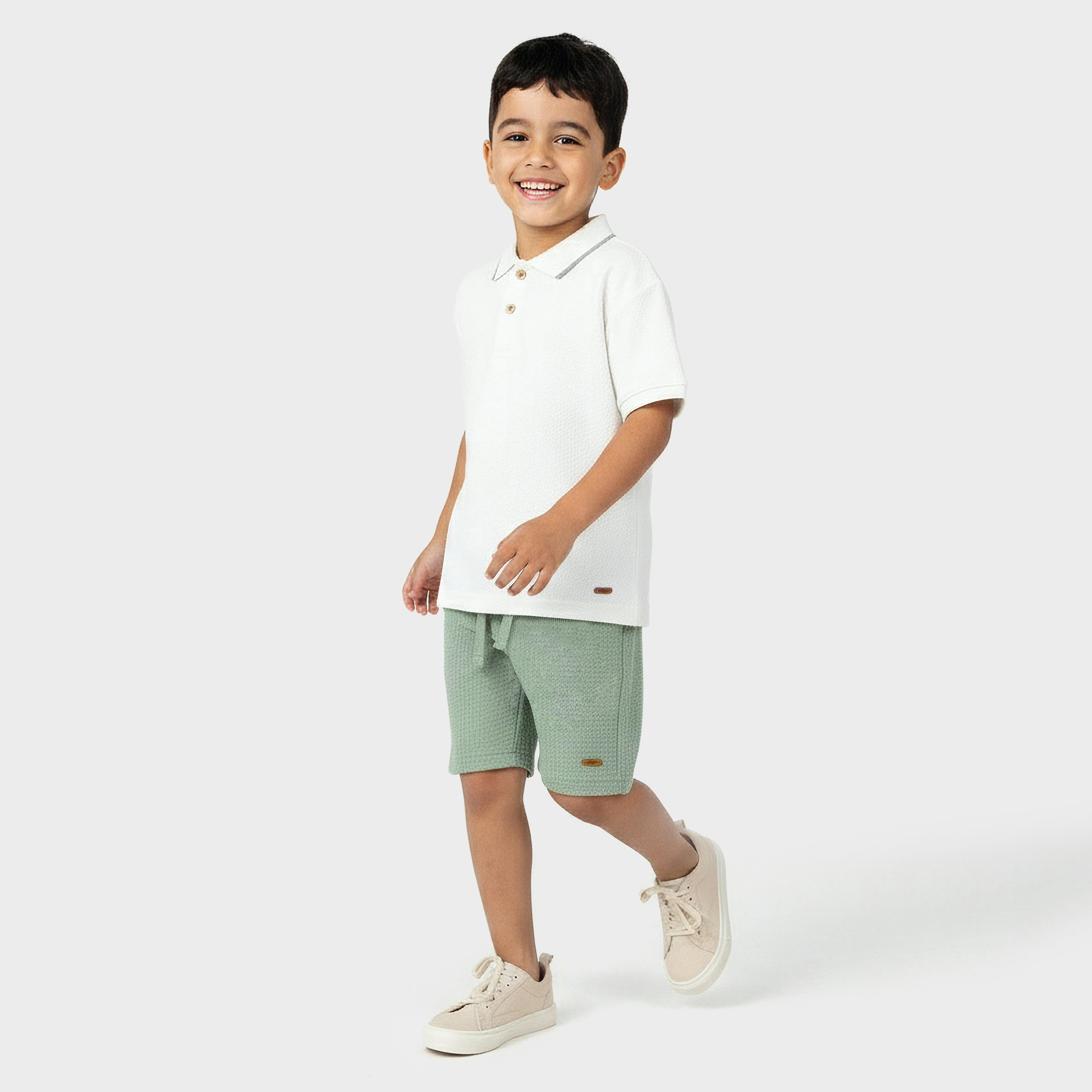 طقم شورت وتيشيرت بولو بياقة عادية وأكمام قصيرة وتصميم وافل بارز الملمس من إليجو-boys-clothing-setsandcoords-image-2