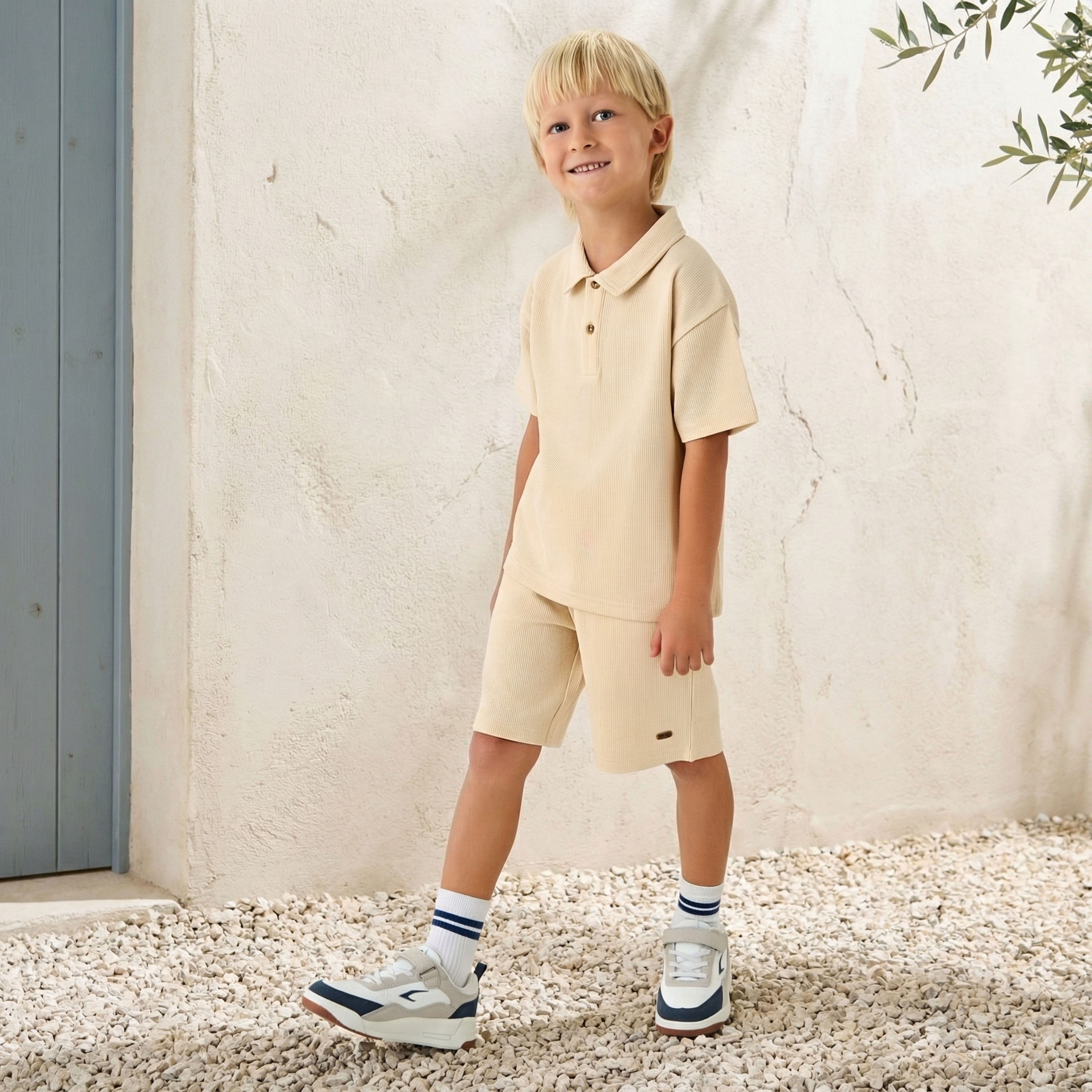 Eligo Collared Short Sleeves T-shirt and Shorts Set with Ribbed Texture-baby-boys-clothing-setsandcoords-image-1