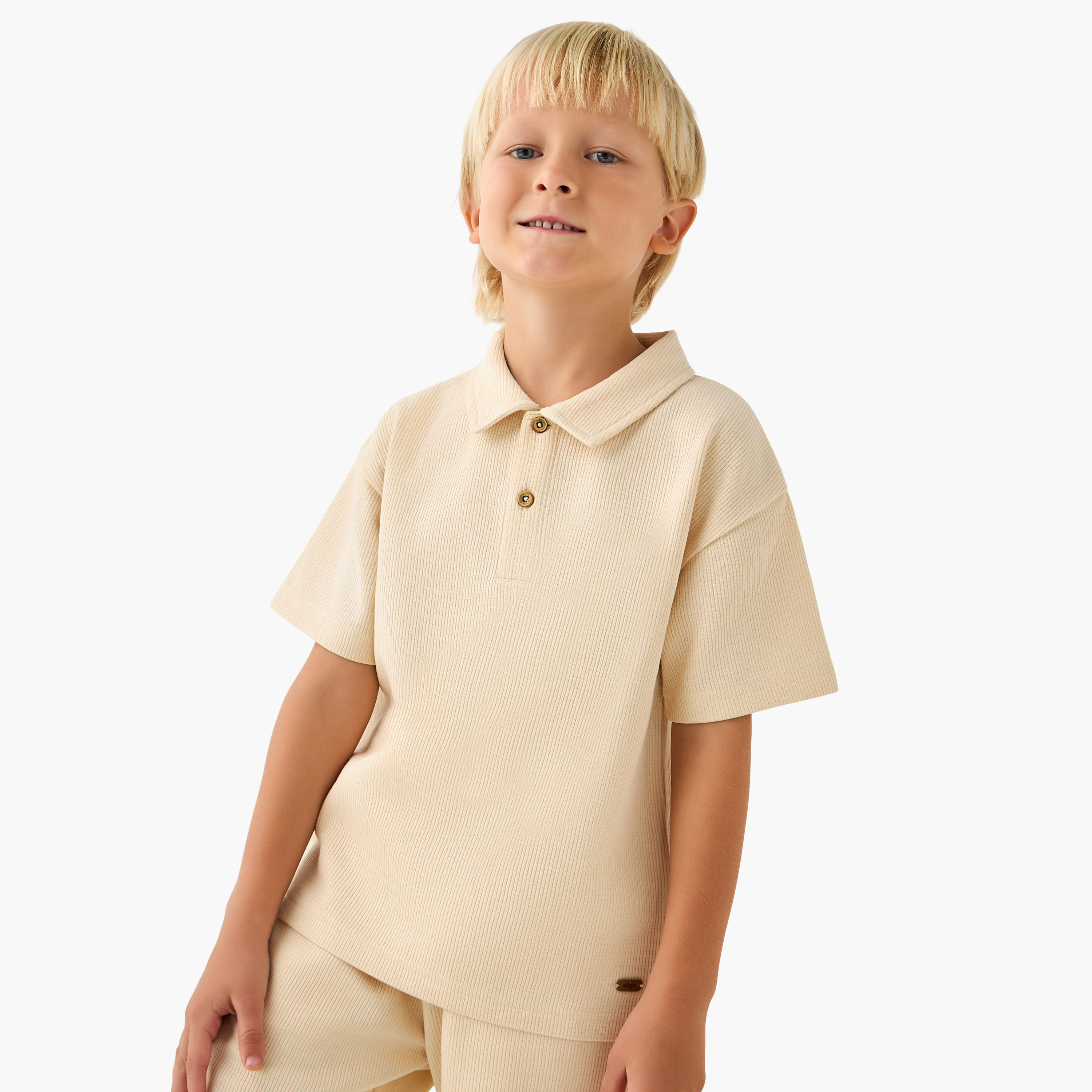 Eligo Collared Short Sleeves T-shirt and Shorts Set with Ribbed Texture-baby-boys-clothing-setsandcoords-image-2