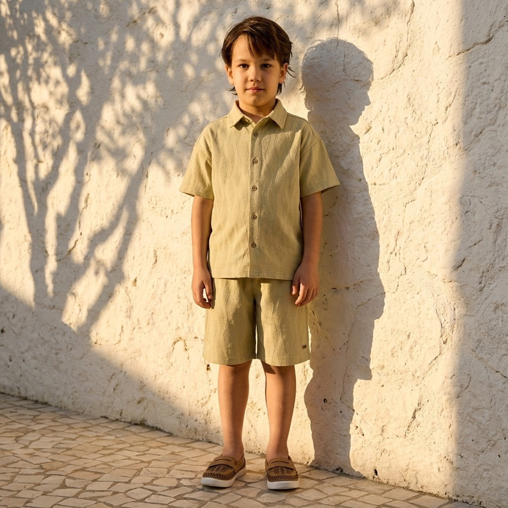 طقم قميص بأكمام قصيرة بياقة وبنطلون شورت بتصميم بارز الملمس من إليجو-boys-clothing-setsandcoords-image-1