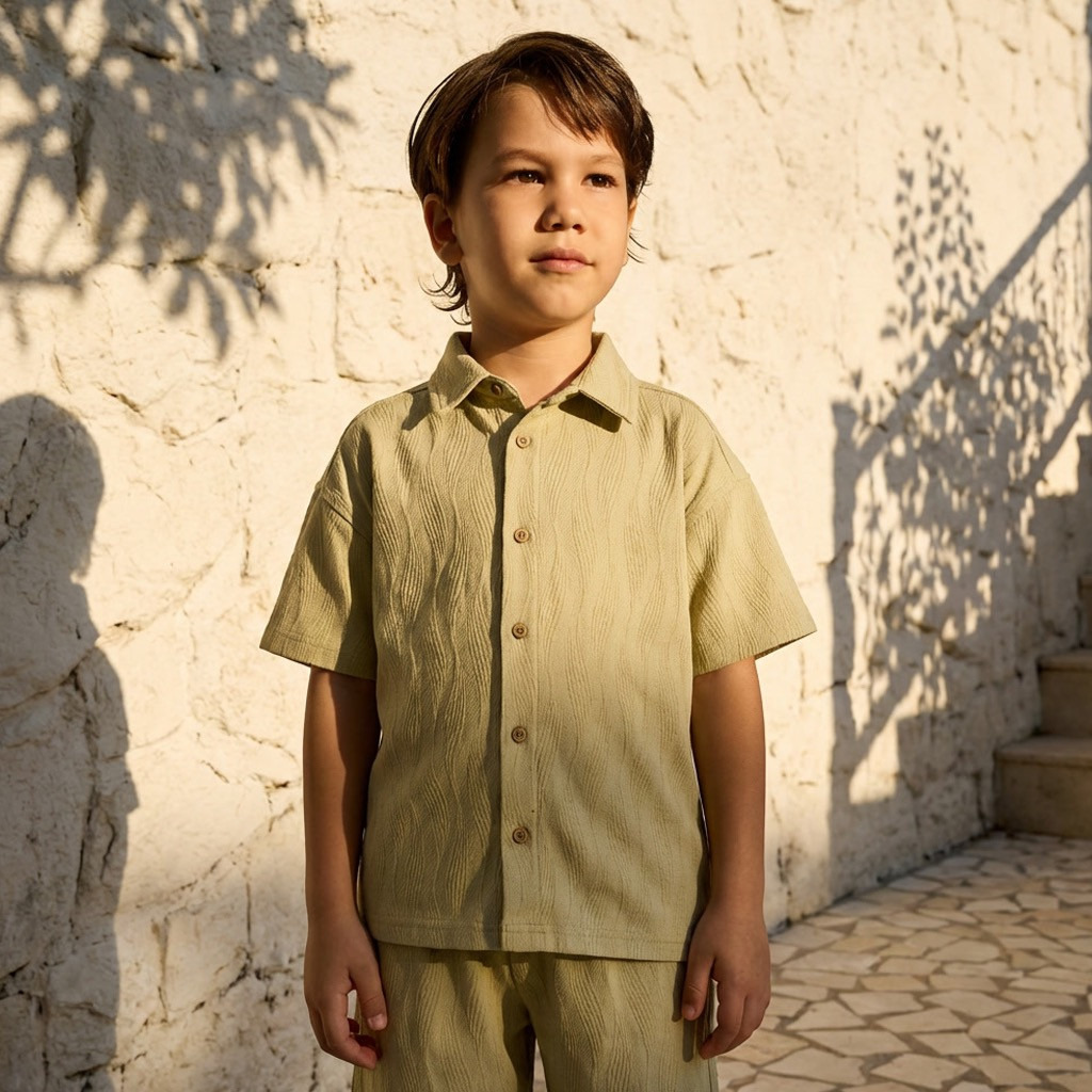طقم قميص بأكمام قصيرة بياقة وبنطلون شورت بتصميم بارز الملمس من إليجو-boys-clothing-setsandcoords-image-2