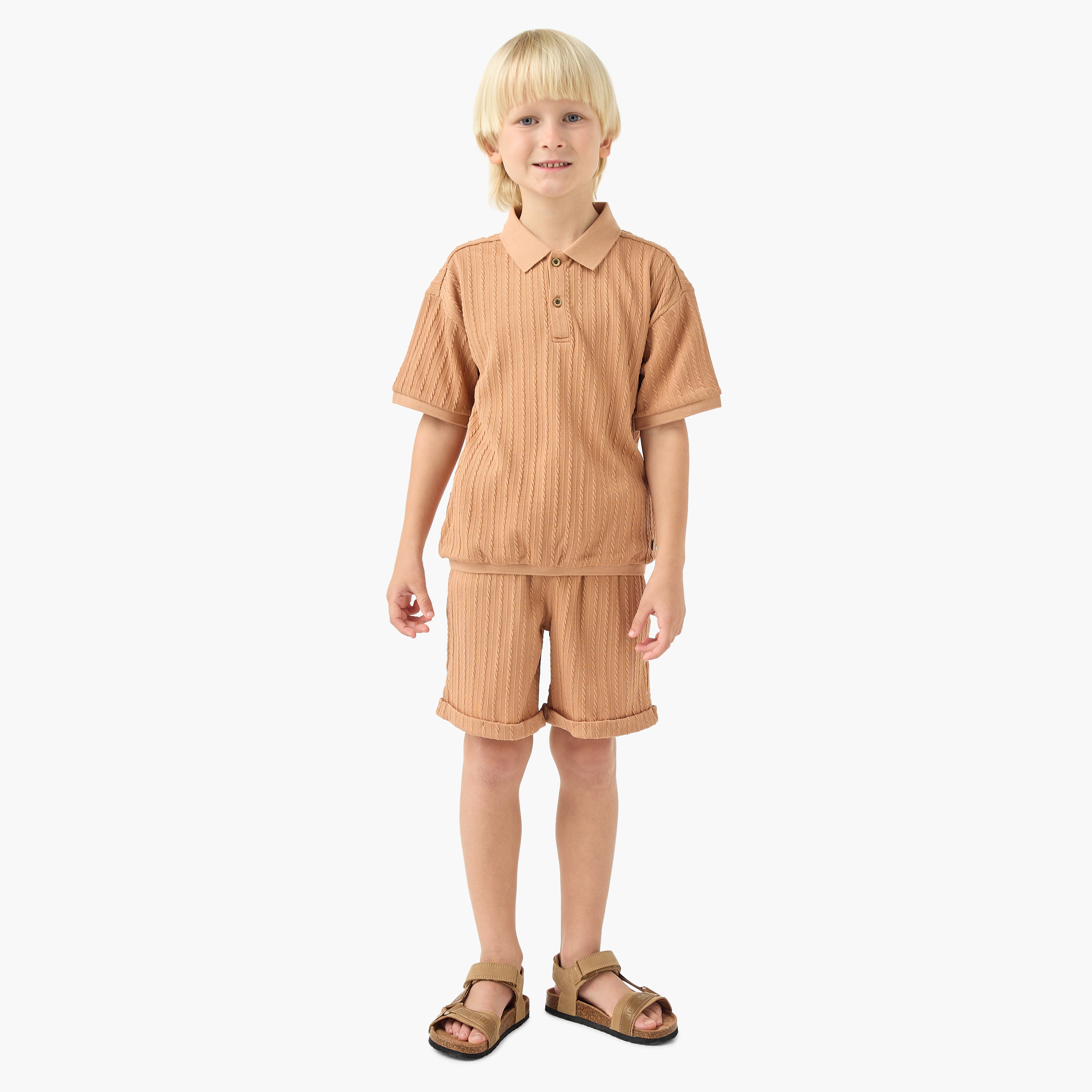 Eligo Collared Short Sleeves Polo Shirt and Shorts Set with Ribbed Texture-boys-clothing-setsandcoords-image-1
