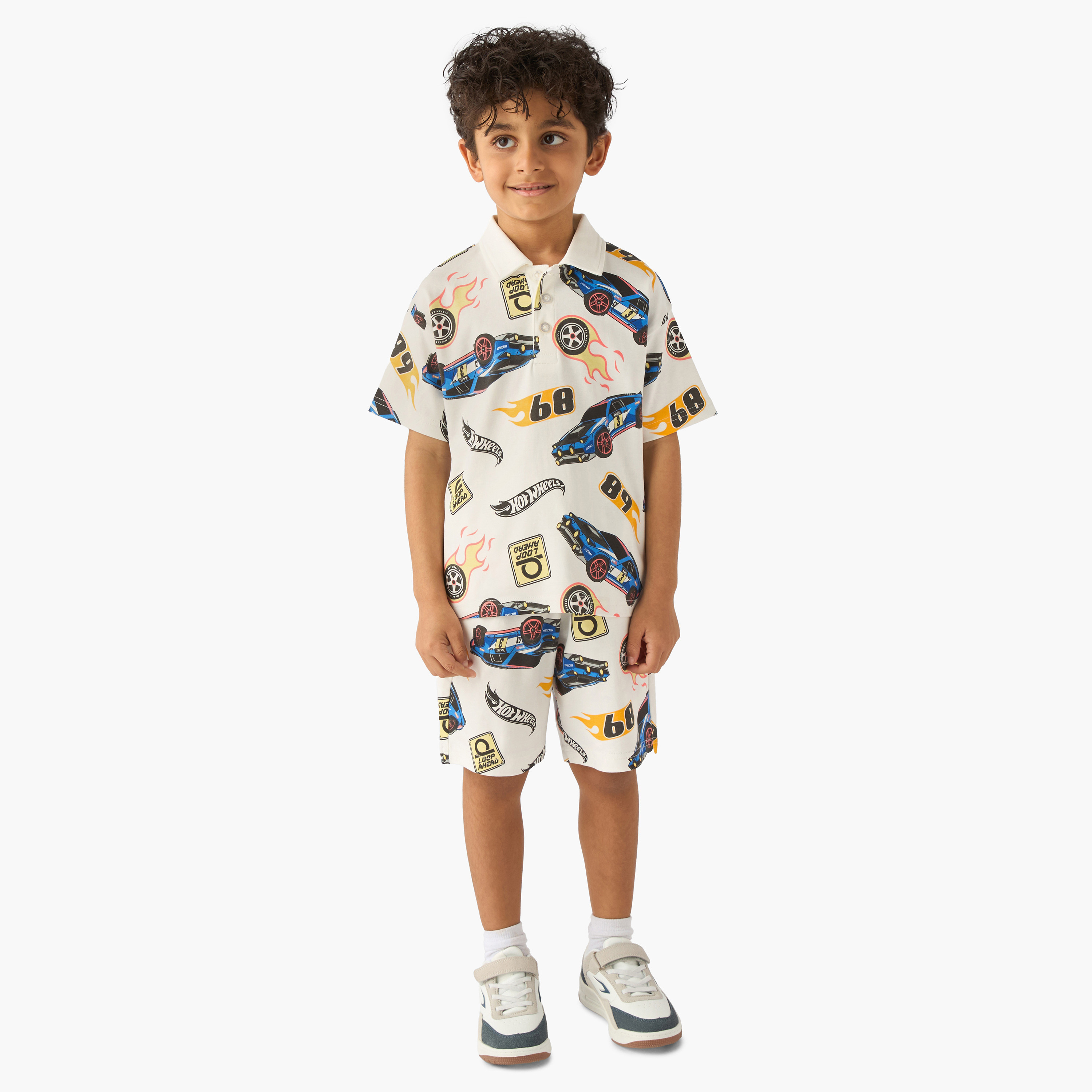 Collared Short Sleeve Polo T-shirt and Shorts Set with Hot Wheels Print-baby-boys-clothing-setsandcoords-image-1