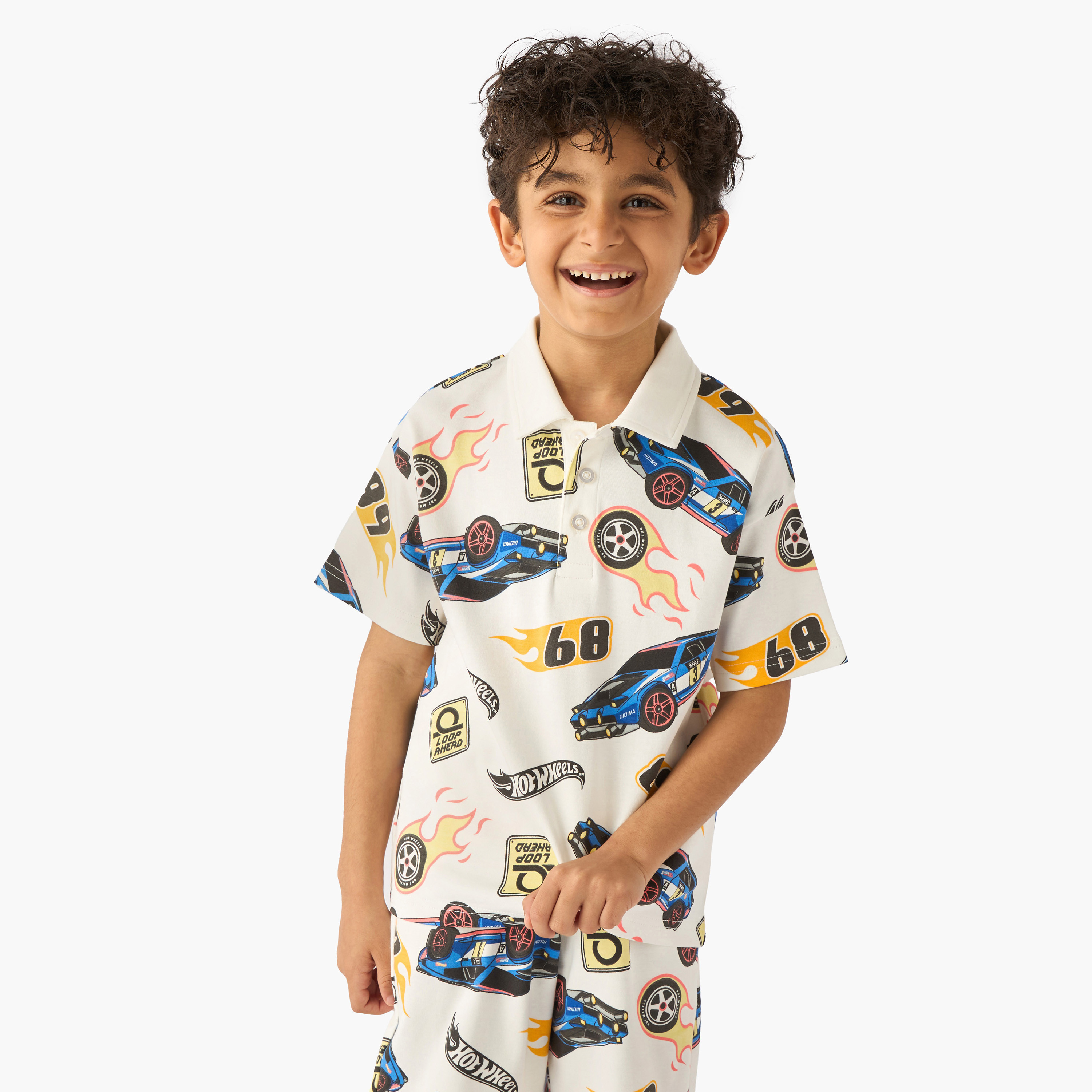 Collared Short Sleeve Polo T-shirt and Shorts Set with Hot Wheels Print-baby-boys-clothing-setsandcoords-image-2