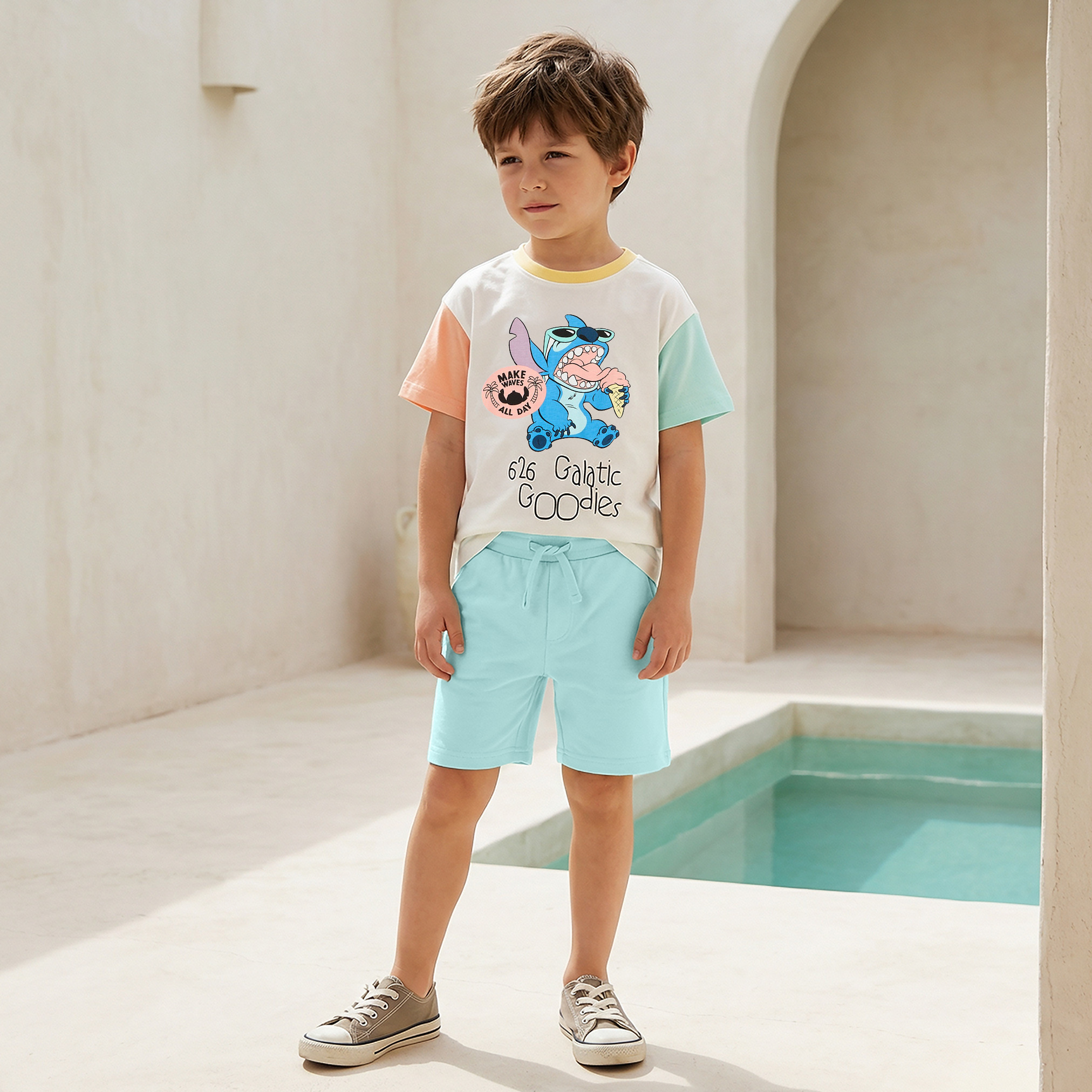 Disney Crew Neck Short Sleeve T-shirt and Shorts Set with Stitch Print-boys-clothing-setsandcoords-image-1