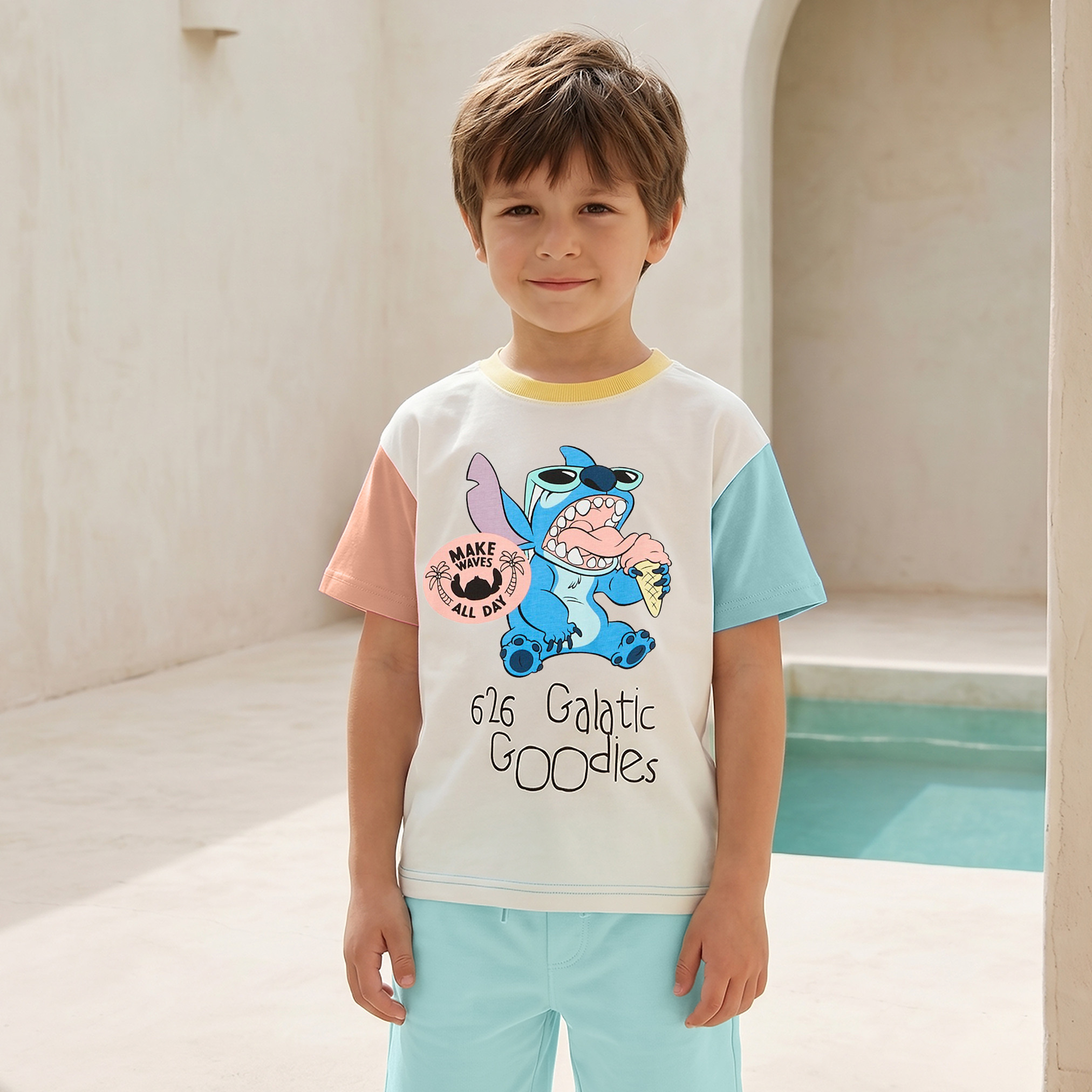 Disney Crew Neck Short Sleeve T-shirt and Shorts Set with Stitch Print-boys-clothing-setsandcoords-image-2