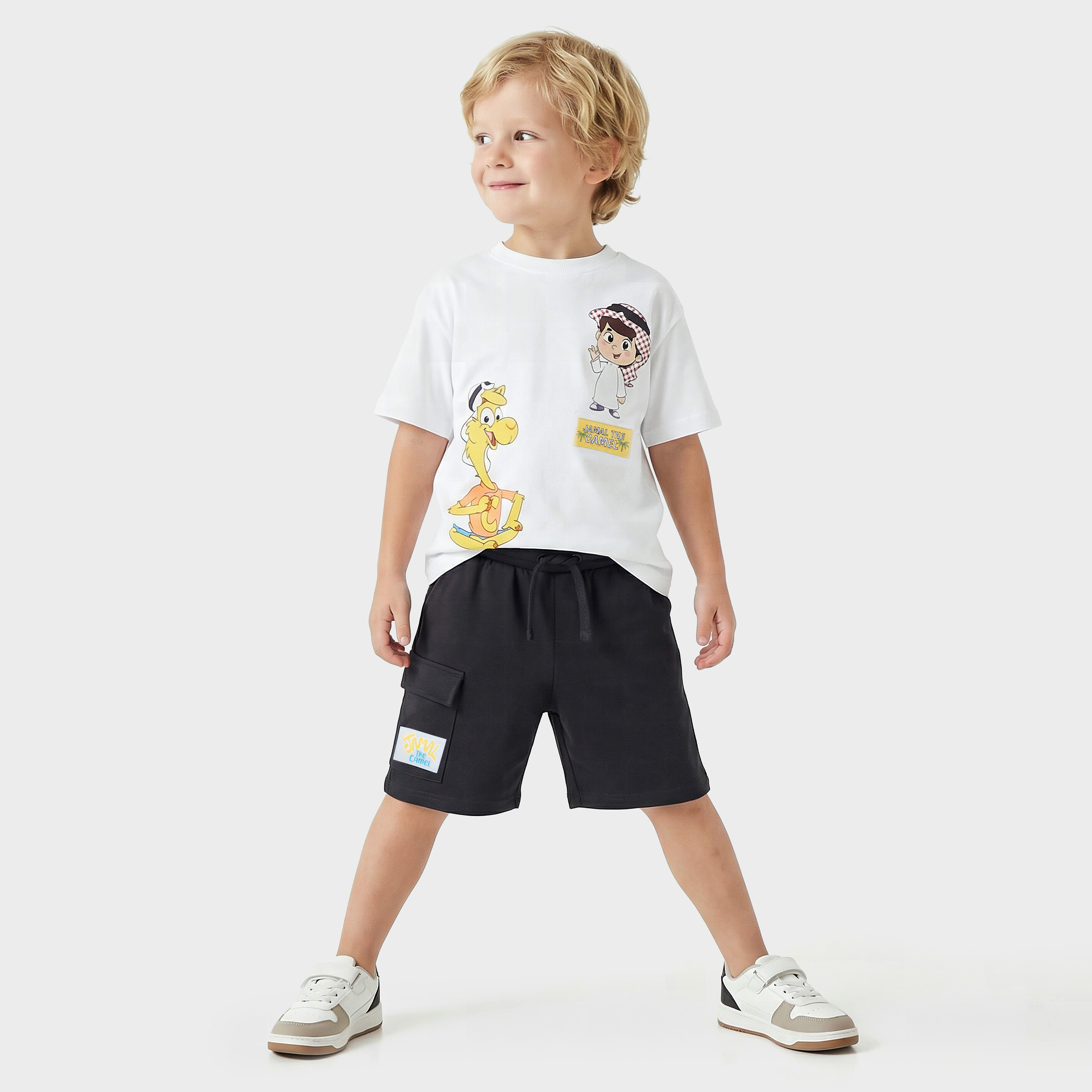 PIXITOON Crew Neck Short Sleeves T-shirt and Shorts Set with Jamal the Camel Print-boys-clothing-setsandcoords-image-1
