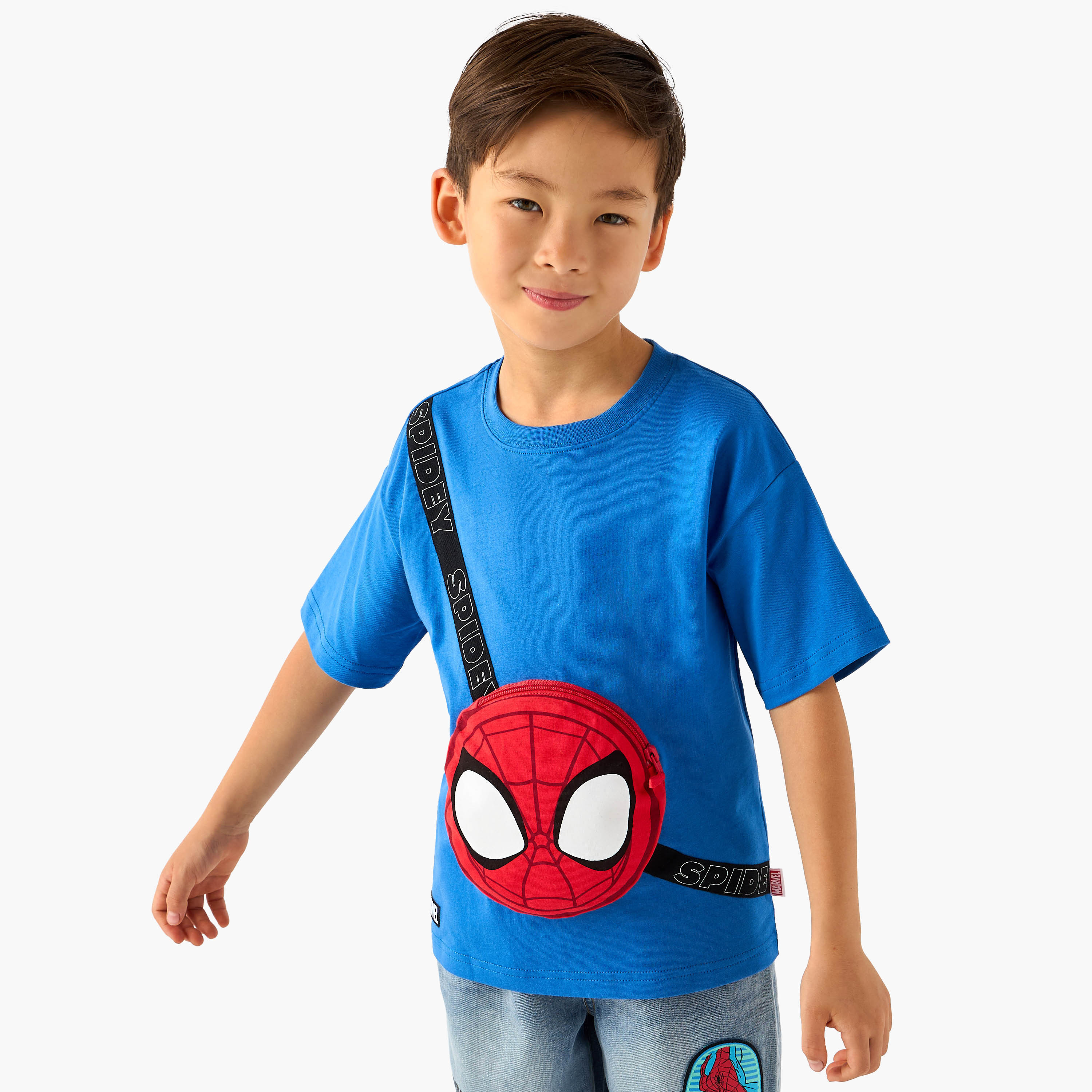 Crew Neck Short Sleeves T-shirt with Spider-Man Bag Applique-boys-clothing-tshirtsandpolos-image-1