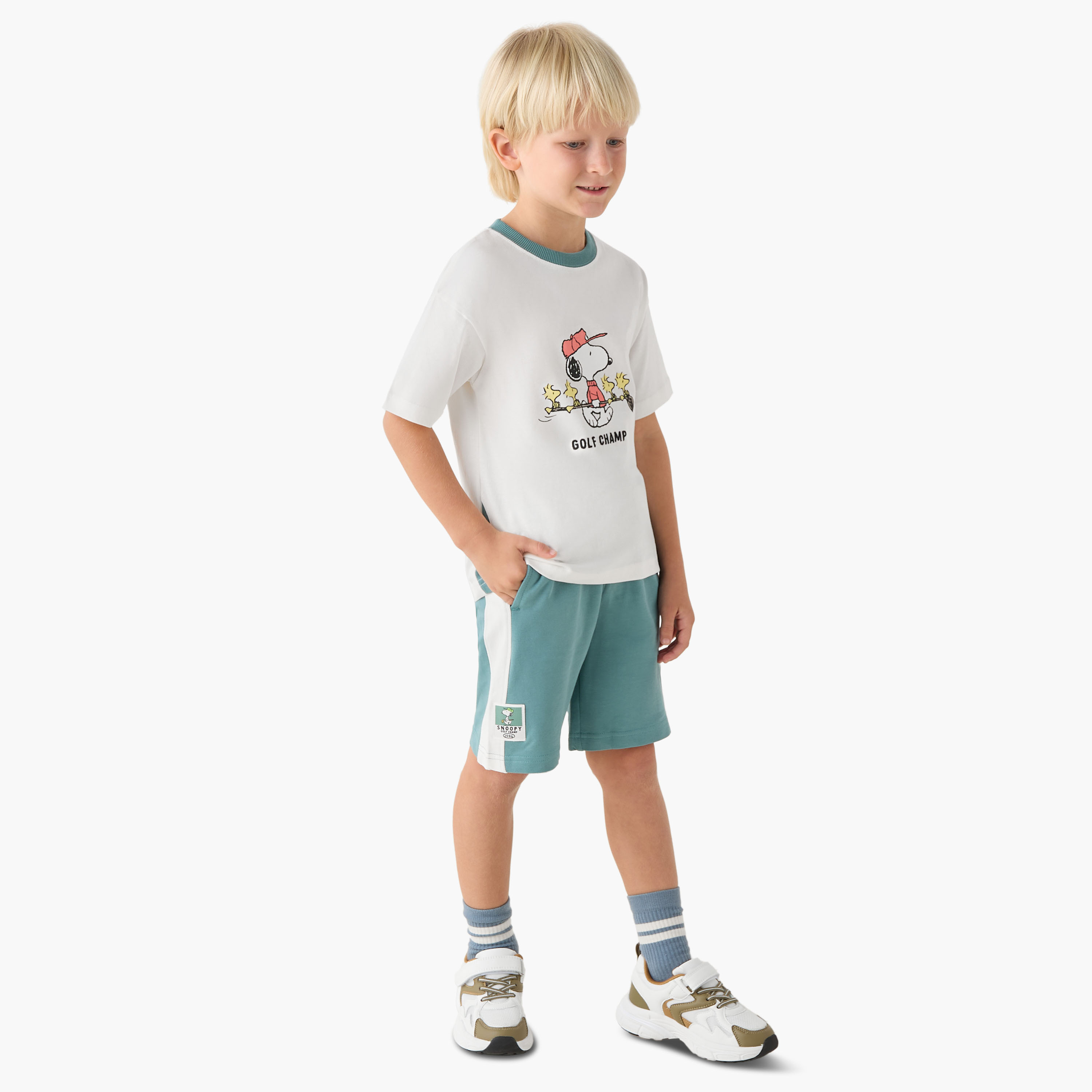 Crew Neck Short Sleeves T-shirt and Shorts Set with Snoopy Print-baby-boys-clothing-setsandcoords-image-1