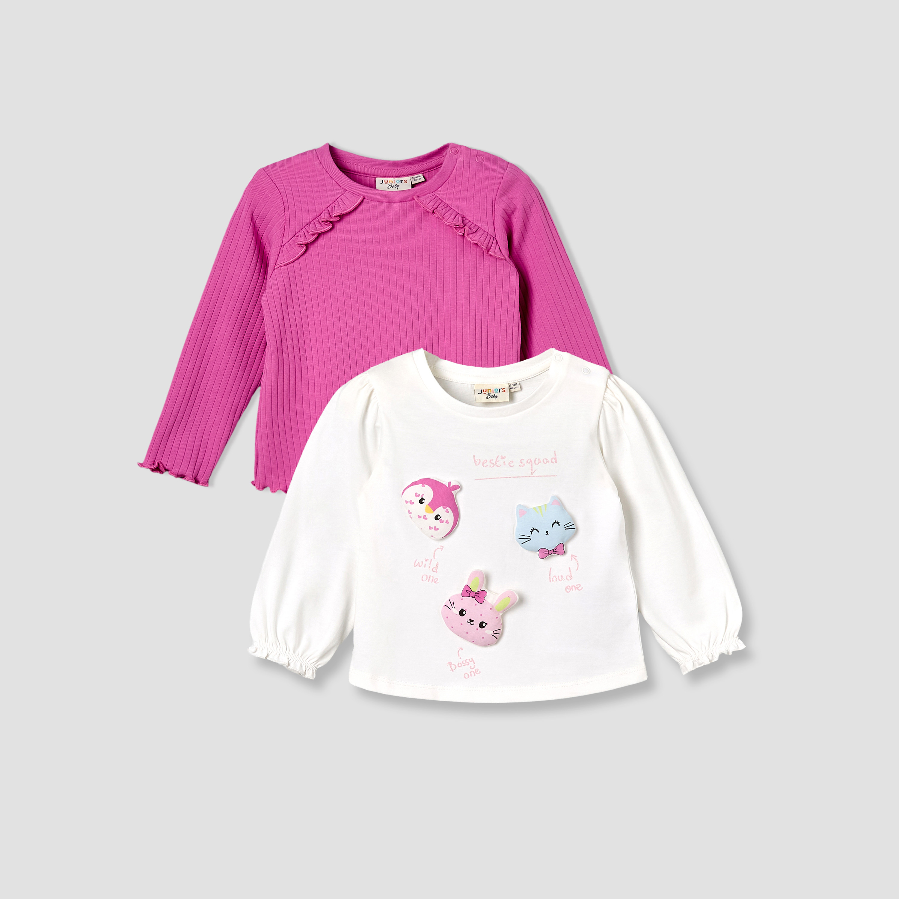 Pack of 2 Juniors Crew Neck Long Sleeves T-shirt with Applique Detail-baby-girls-clothing-multipacks-image-1