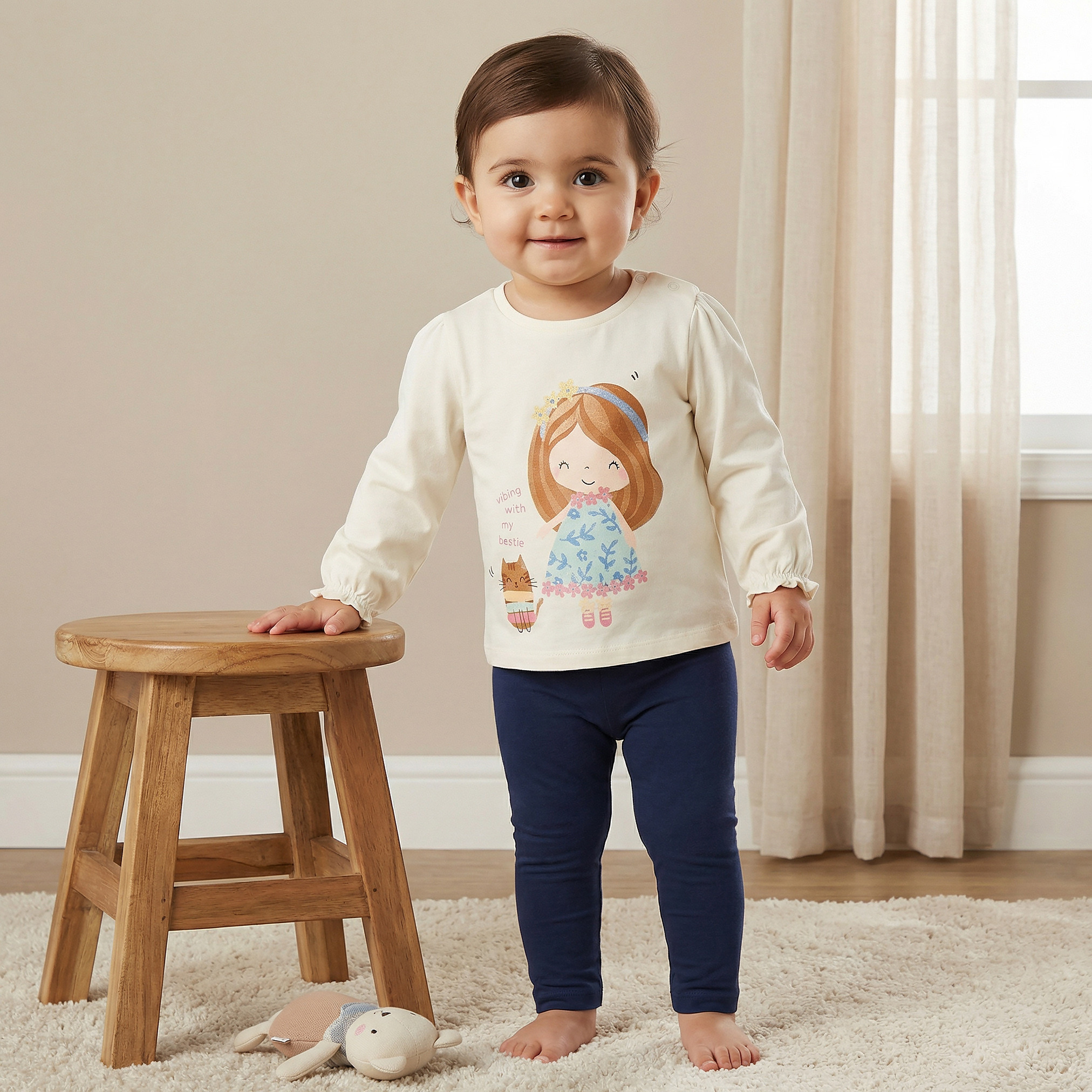 Juniors Crew Neck Long Sleeves T-shirt with Graphic Print-baby-girls-clothing-tshirts-image-1