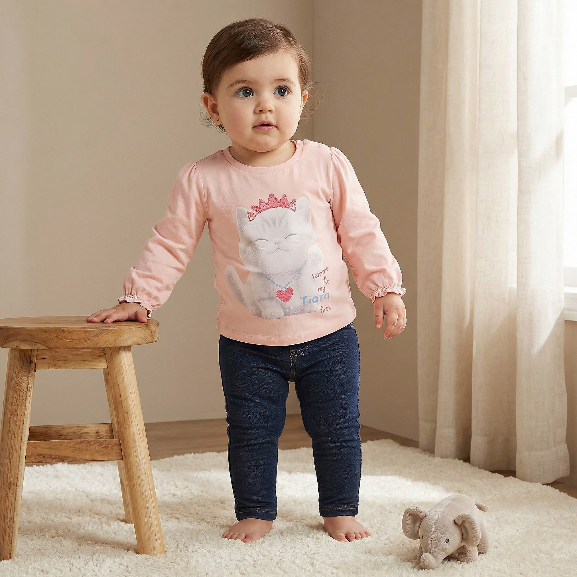 Juniors Crew Neck Long Sleeves T-shirt with Graphic Print-baby-girls-clothing-tshirts-image-1