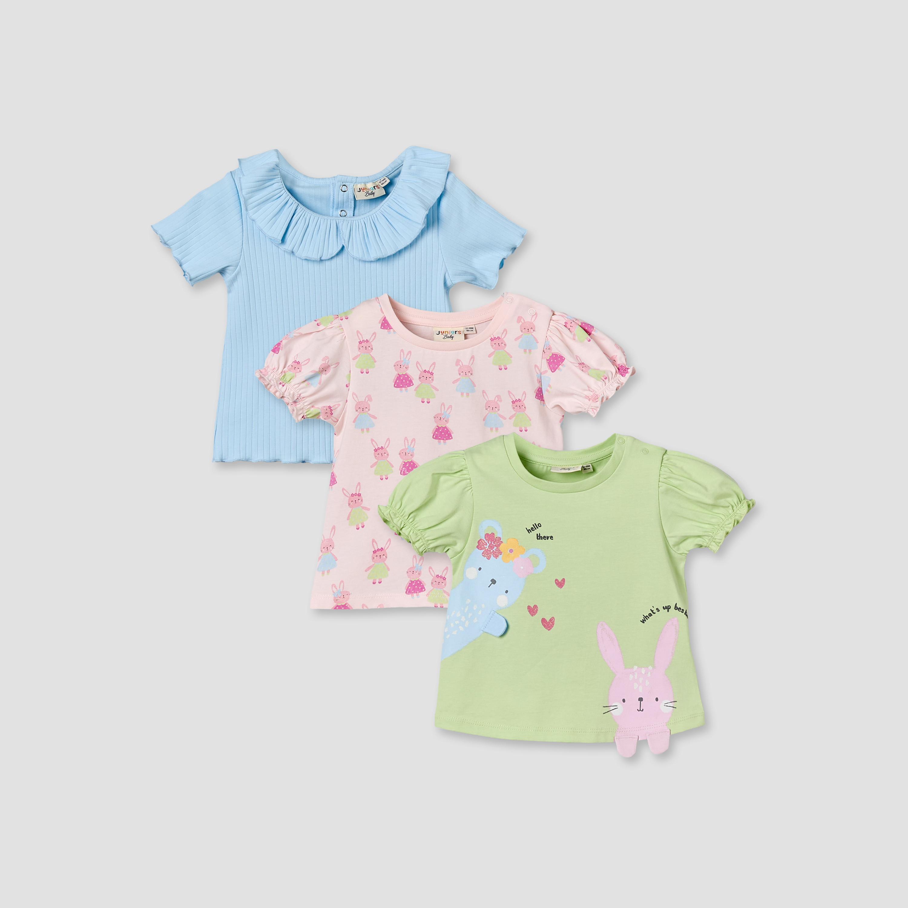 Pack of 3 Juniors Crew Neck Short Sleeves T-shirt with Bunny Print-baby-girls-clothing-tshirts-image-1