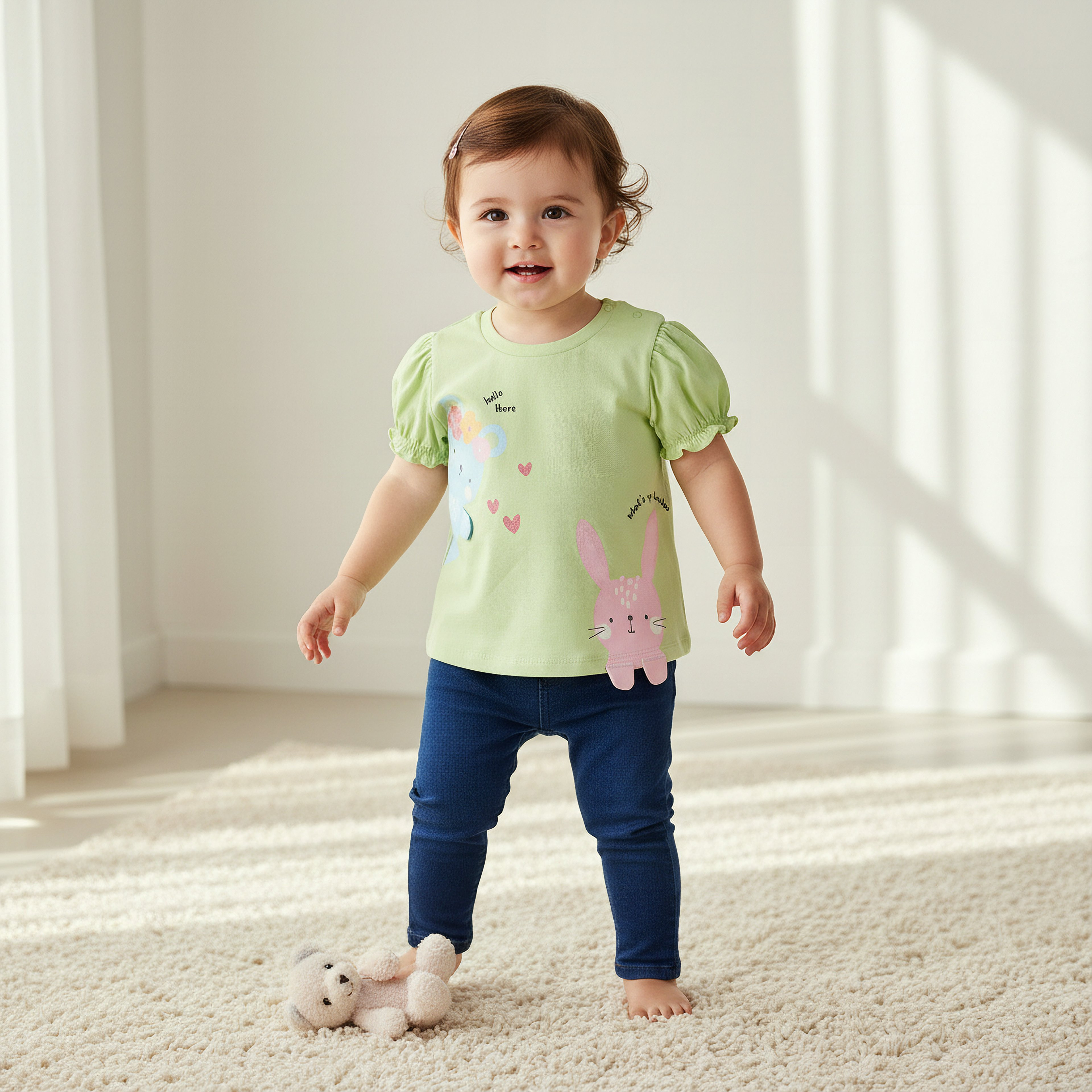 Pack of 3 Juniors Crew Neck Short Sleeves T-shirt with Bunny Print-baby-girls-clothing-tshirts-image-2