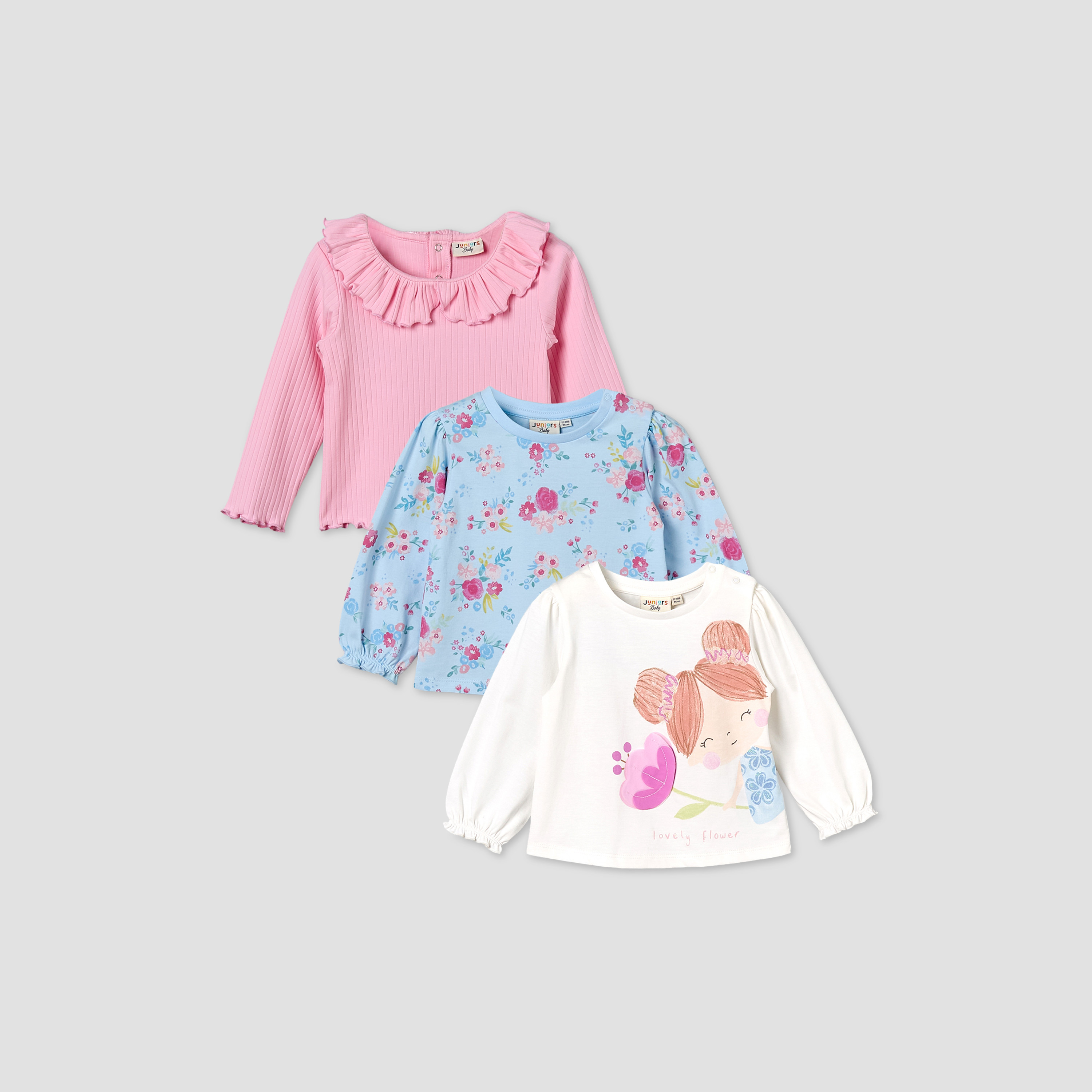 Pack of 3 Juniors Crew Neck Long Sleeves T-shirt with Assorted Design-baby-girls-clothing-tshirts-image-1
