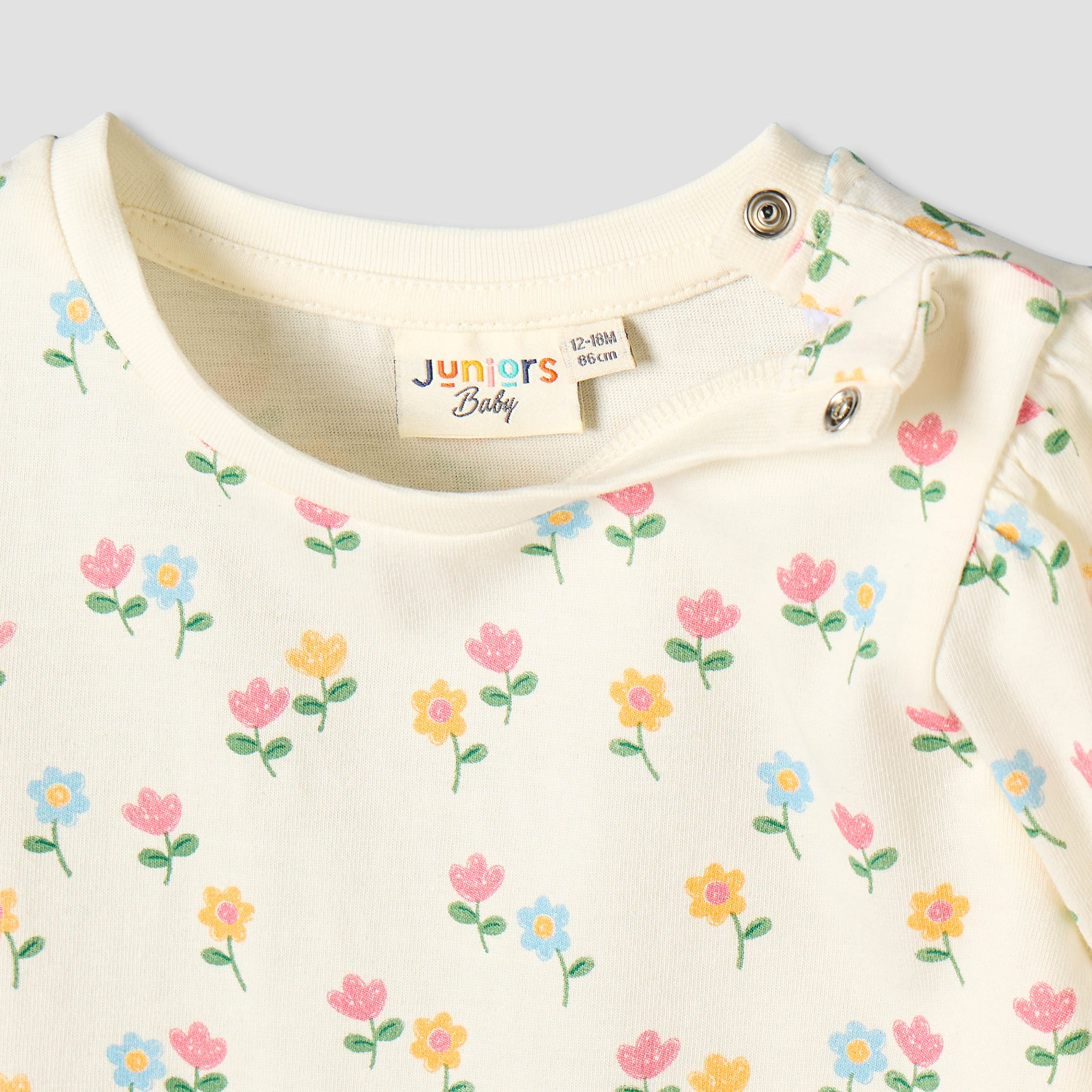 Juniors Crew Neck Long Sleeves T-shirt with Floral Print-baby-girls-clothing-tshirts-image-4