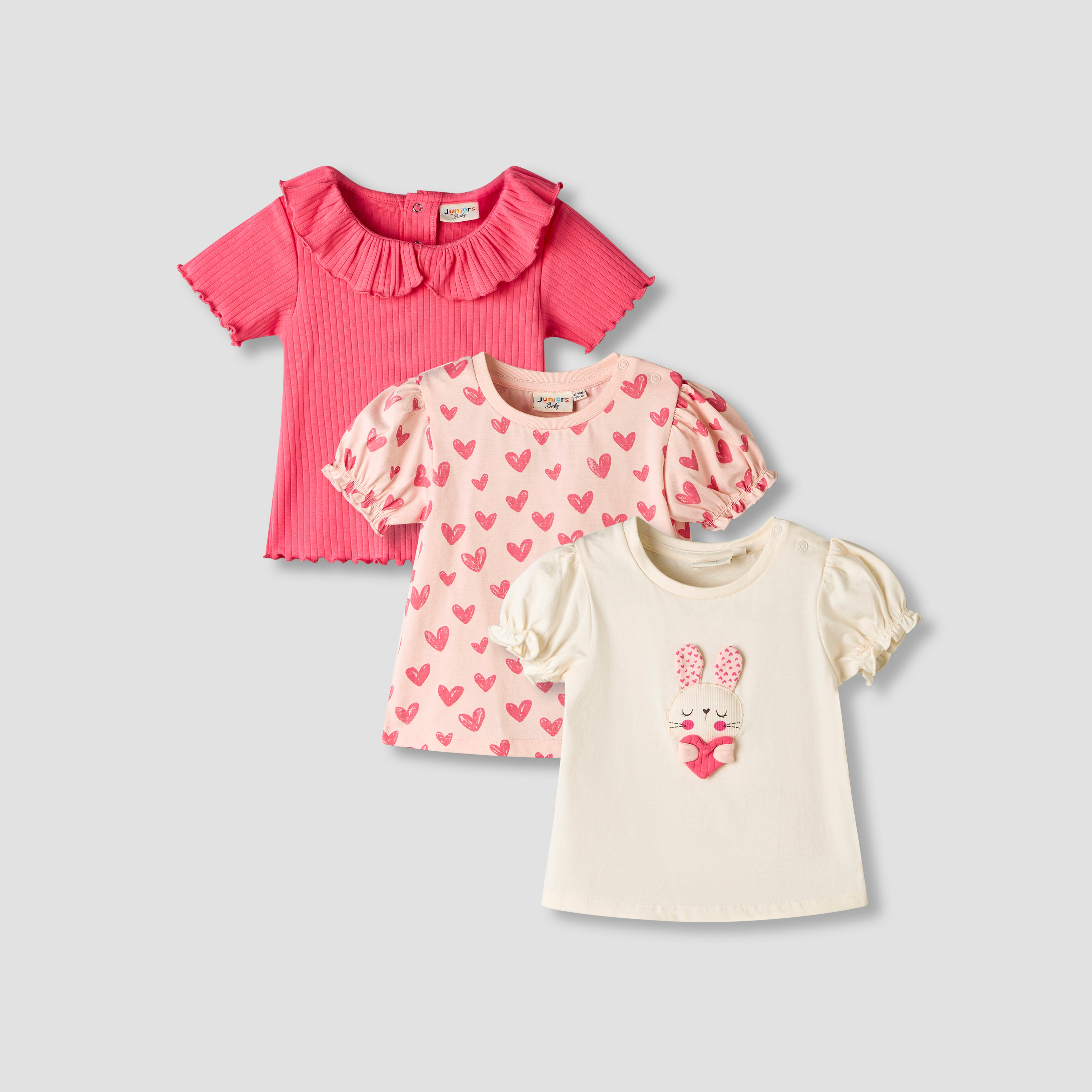 Pack of 3 Juniors Round Neck Short Sleeves T-shirt with Assorted Design-baby-girls-clothing-tshirts-image-1