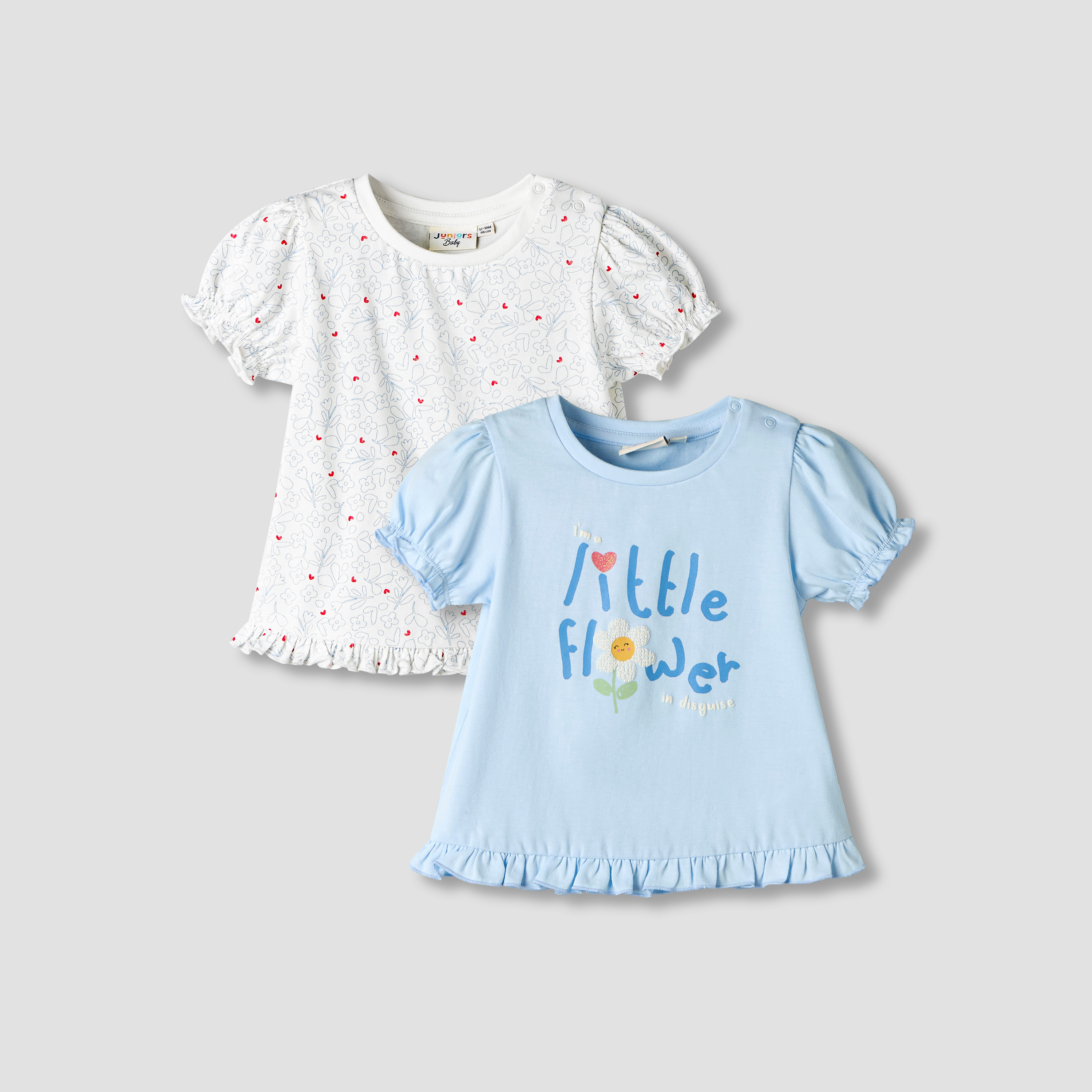 Pack of 2 Juniors Round Neck Short Sleeves T-shirt with Ruffled Hem-baby-girls-clothing-tshirts-image-1