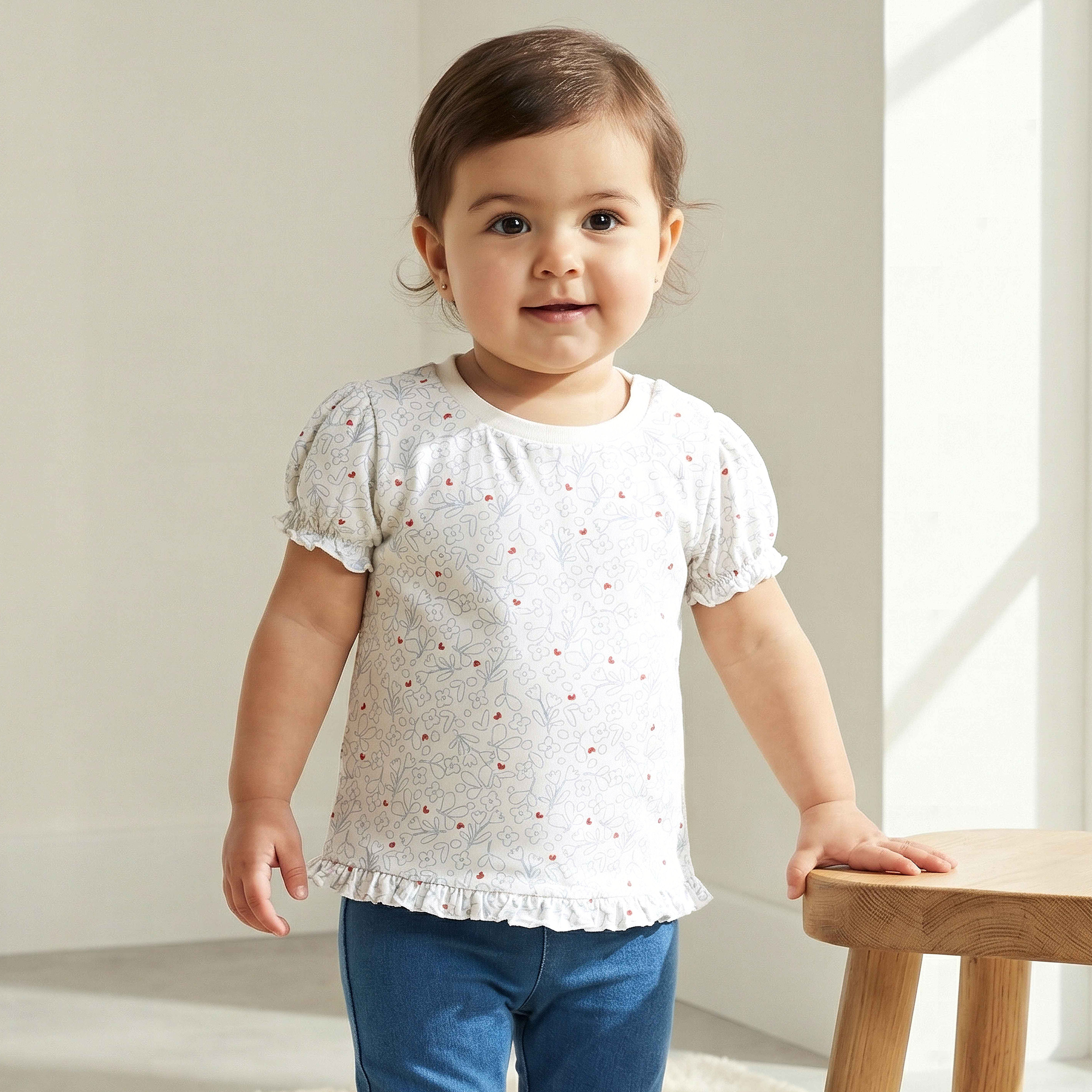 Pack of 2 Juniors Round Neck Short Sleeves T-shirt with Ruffled Hem-baby-girls-clothing-tshirts-image-2
