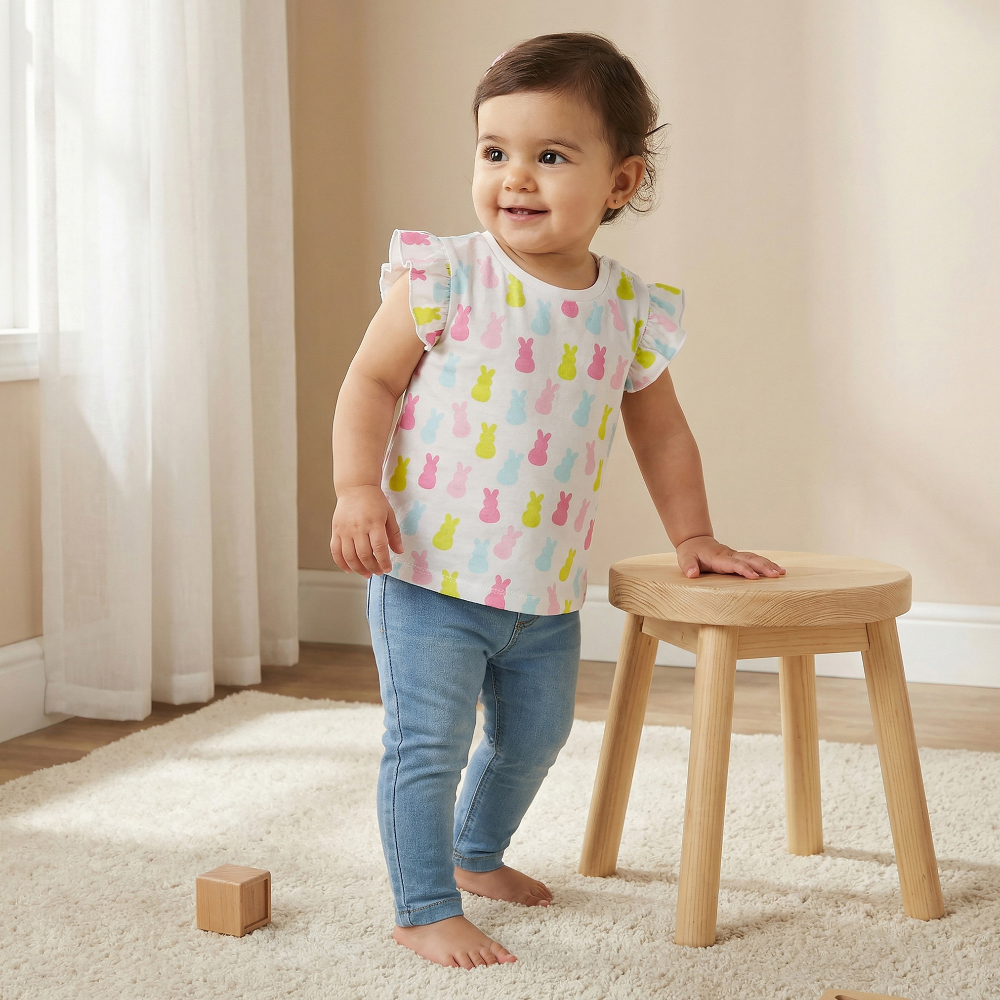 Juniors Round Neck Cap Sleeves T-shirt with Bunny Print-baby-girls-clothing-tshirts-image-1