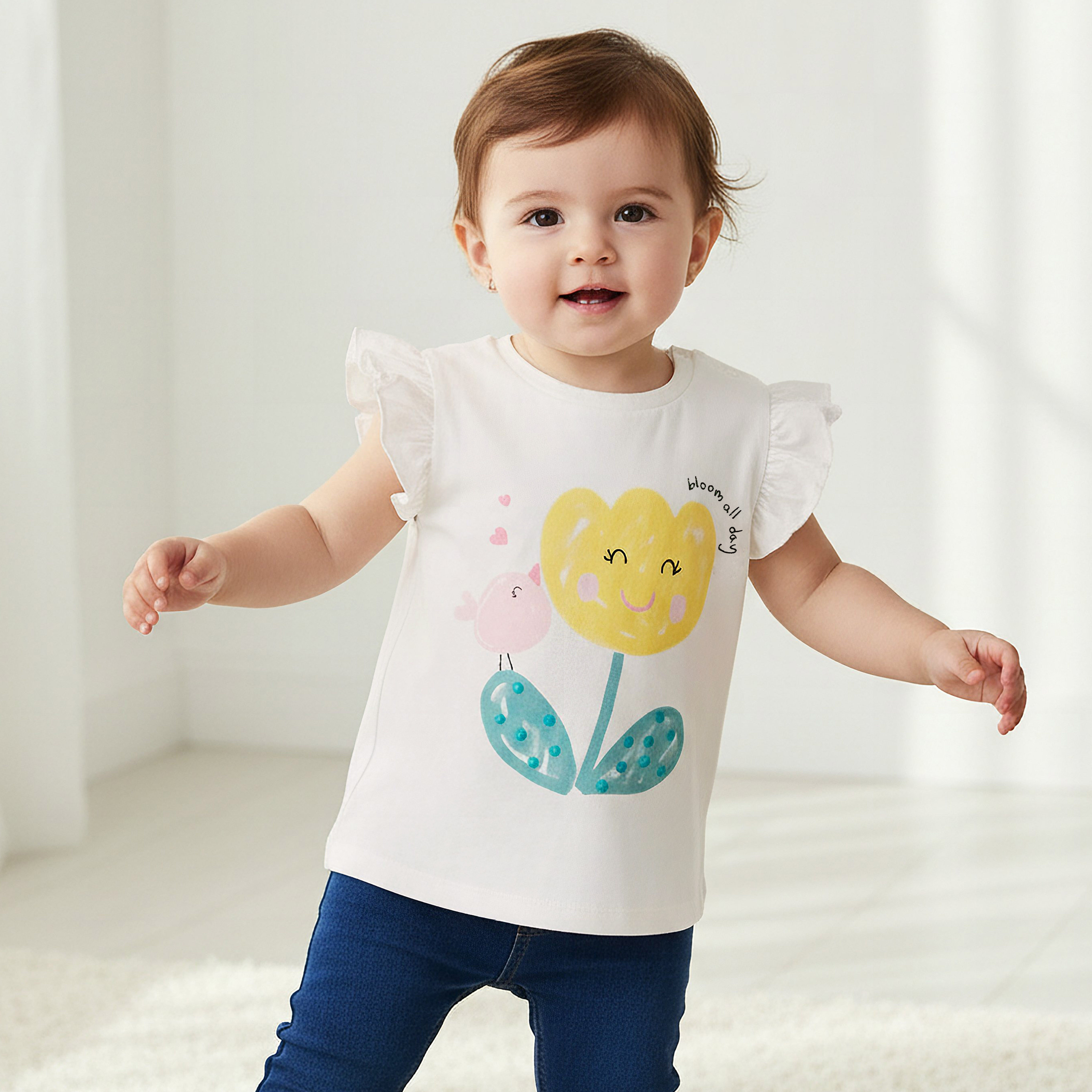 Juniors Round Neck Cap Sleeves T-shirt with Bunny Print-baby-girls-clothing-tshirts-image-1