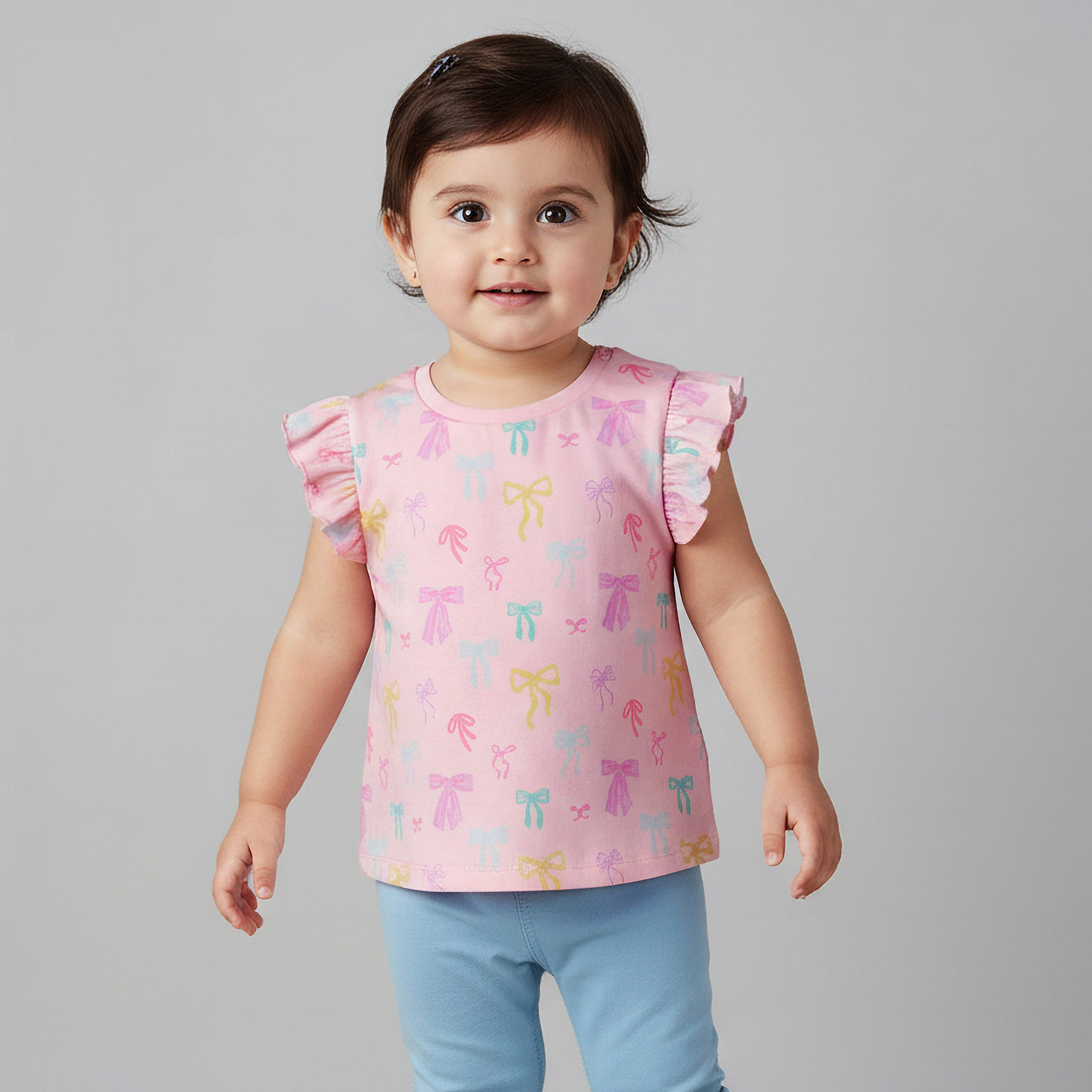 Juniors Crew Neck Short Ruffle Cap Sleeves T-shirt with Stripes-baby-girls-clothing-tshirts-image-1