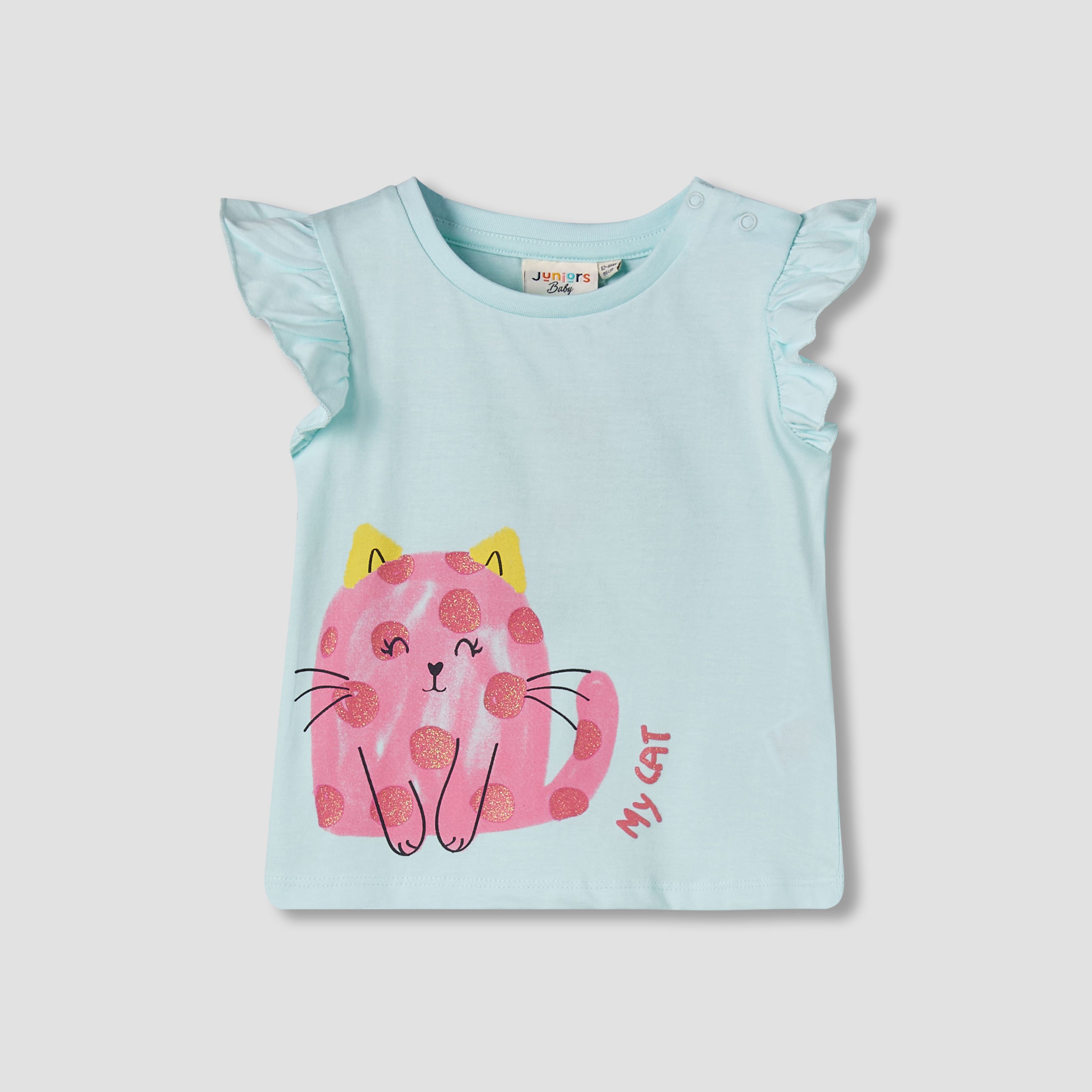 Juniors Crew Neck Short Ruffle Cap Sleeves T-shirt with Stripes-baby-girls-clothing-tshirts-image-2