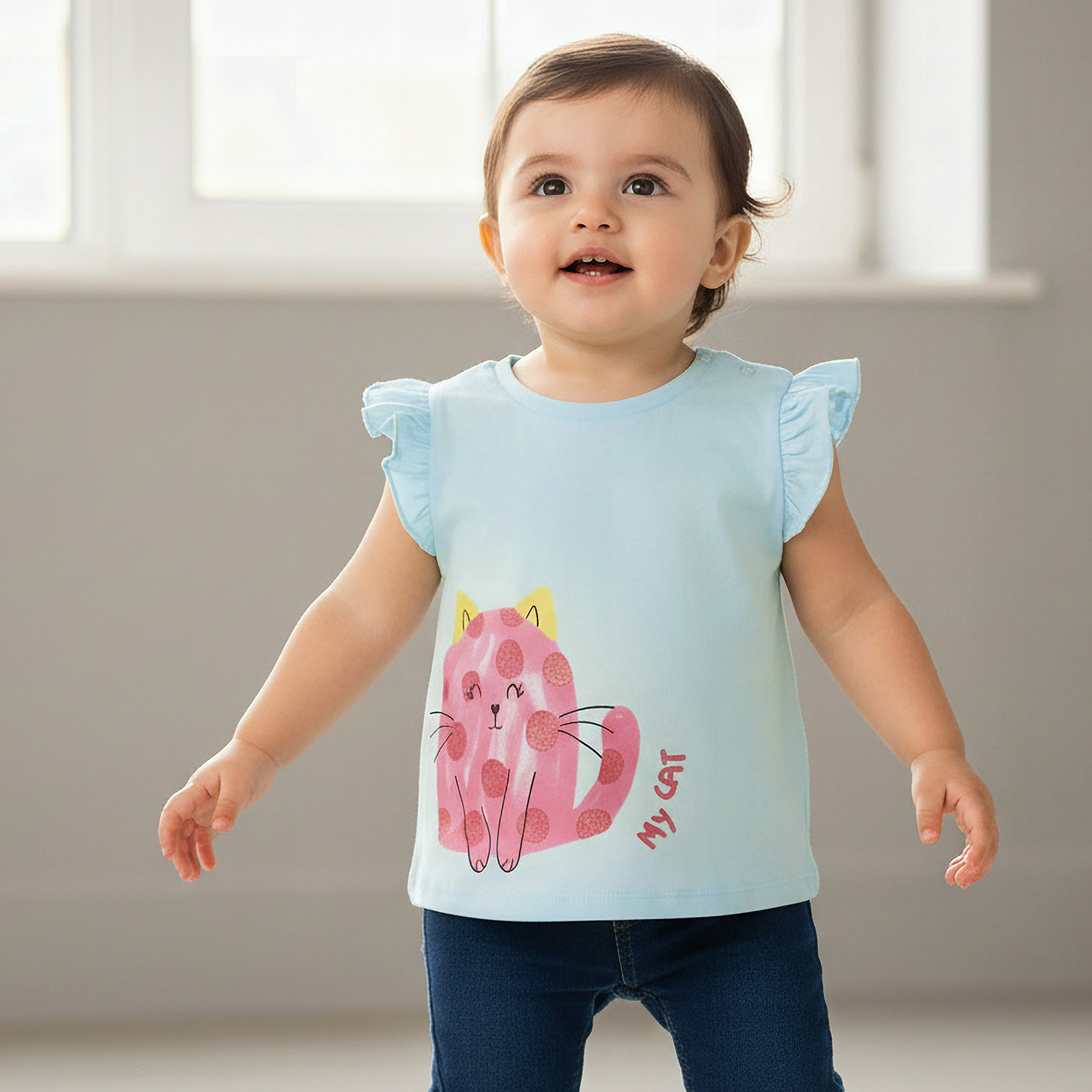 Juniors Crew Neck Short Ruffle Cap Sleeves T-shirt with Stripes-baby-girls-clothing-tshirts-image-1