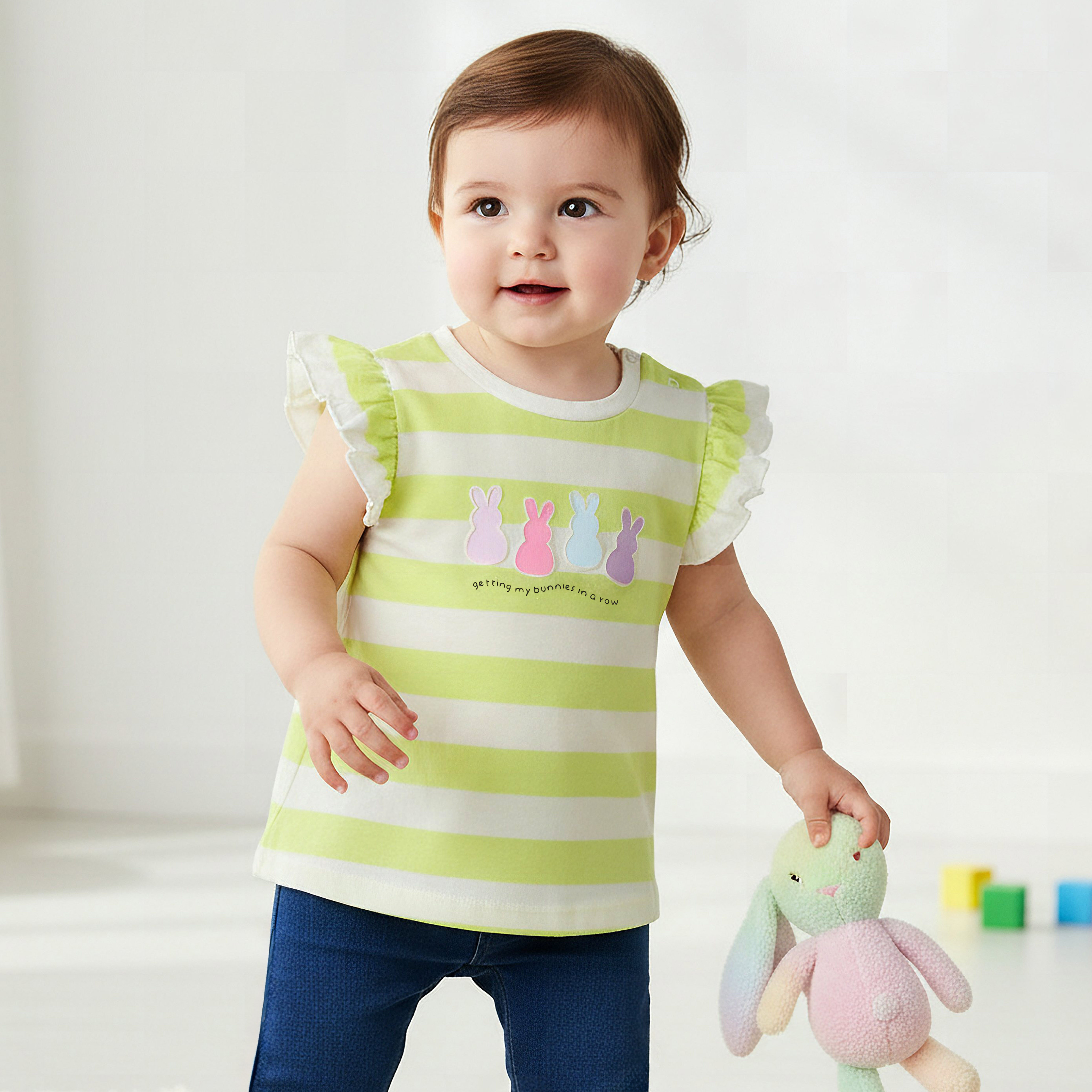 Juniors Crew Neck Short Ruffle Cap Sleeves T-shirt with Stripes-baby-girls-clothing-tshirts-image-1