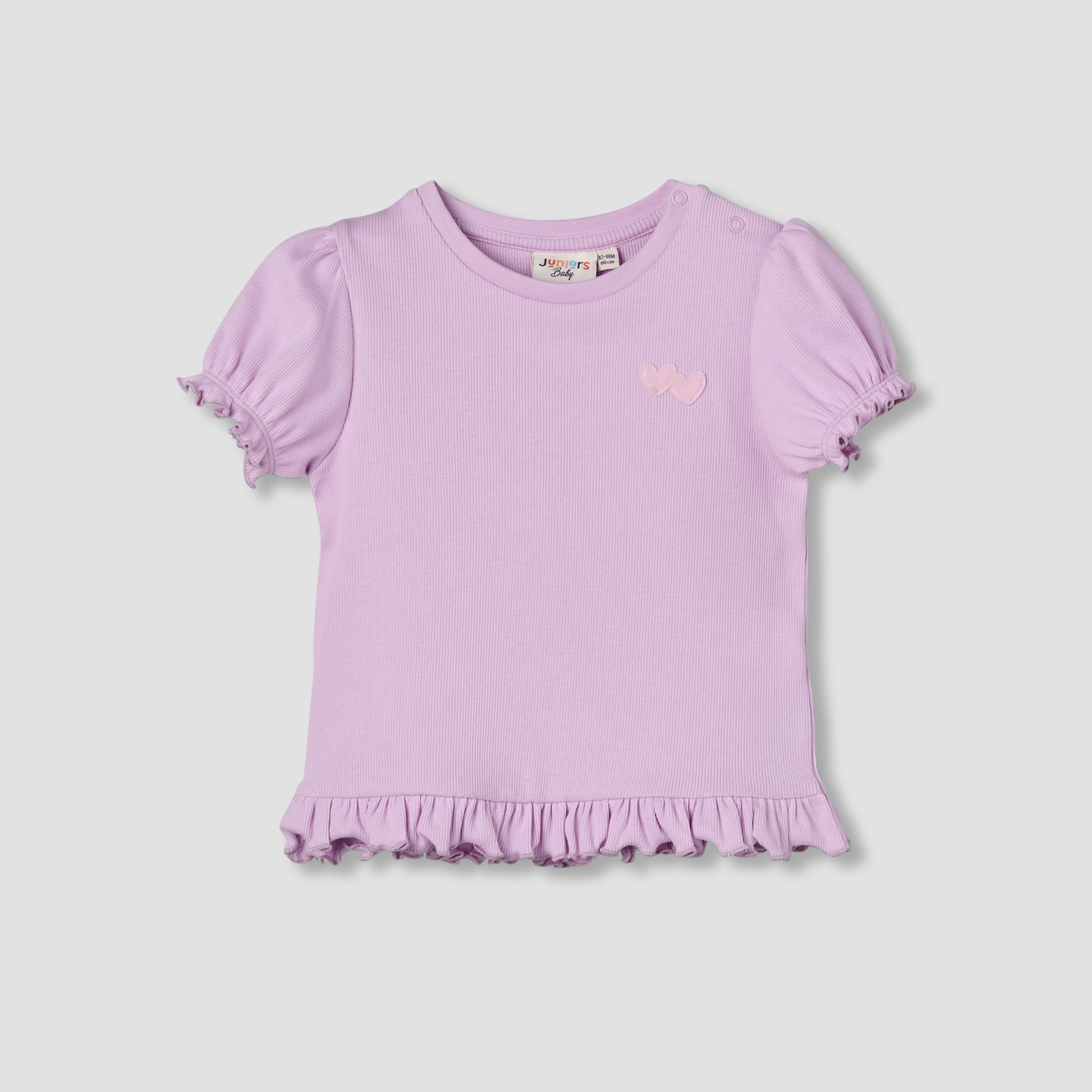 Juniors Crew Neck Short Puff Sleeves T-shirt with Ribbed Texture-baby-girls-clothing-tshirts-image-2