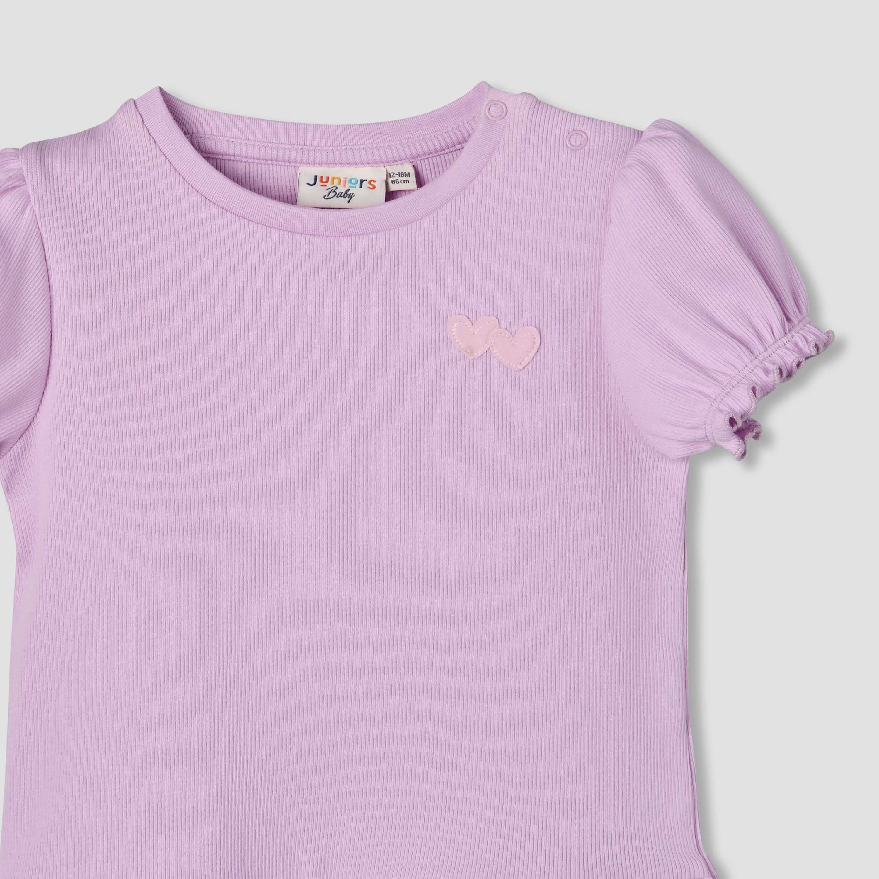 Juniors Crew Neck Short Puff Sleeves T-shirt with Ribbed Texture-baby-girls-clothing-tshirts-image-4