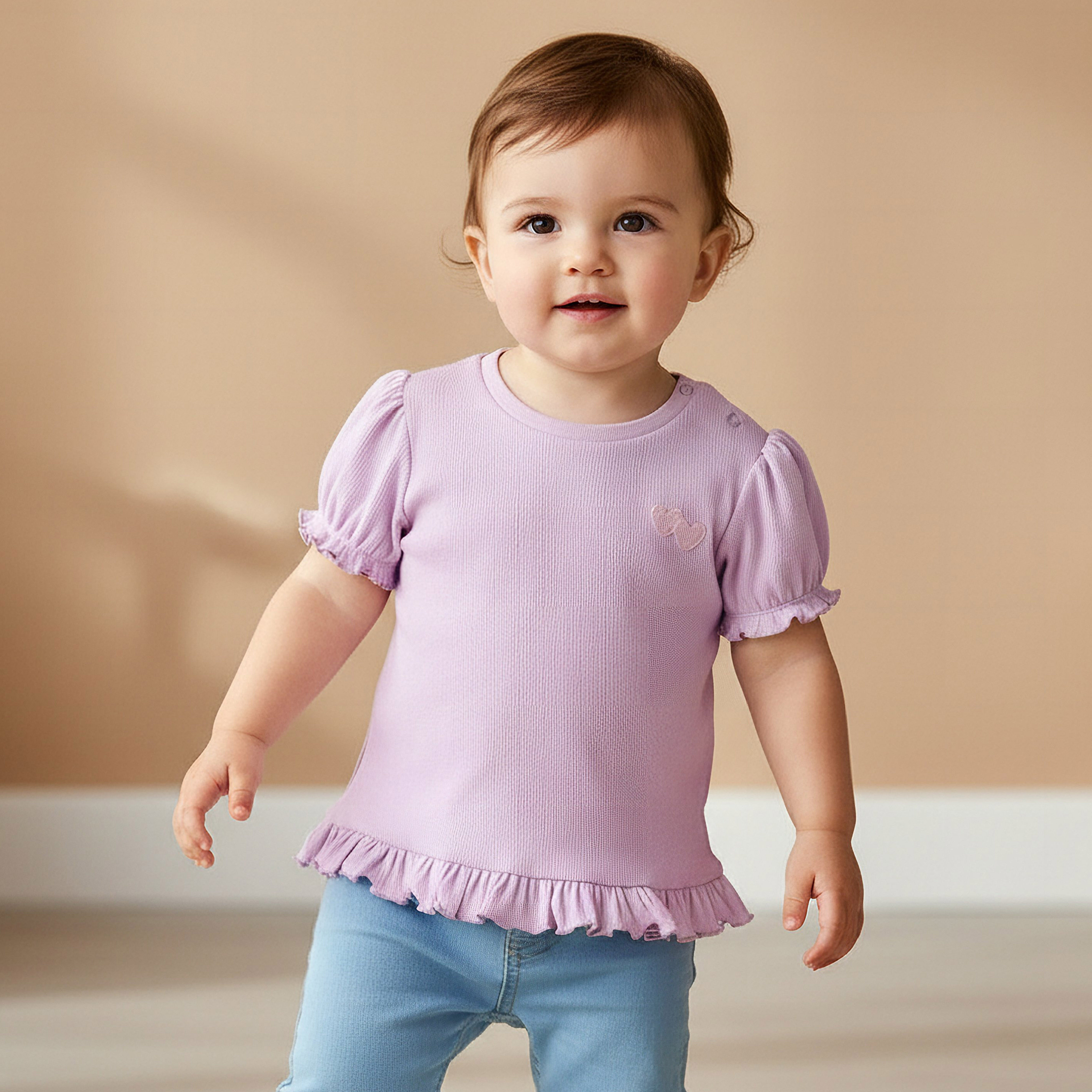 Juniors Crew Neck Short Puff Sleeves T-shirt with Ribbed Texture-baby-girls-clothing-tshirts-image-1