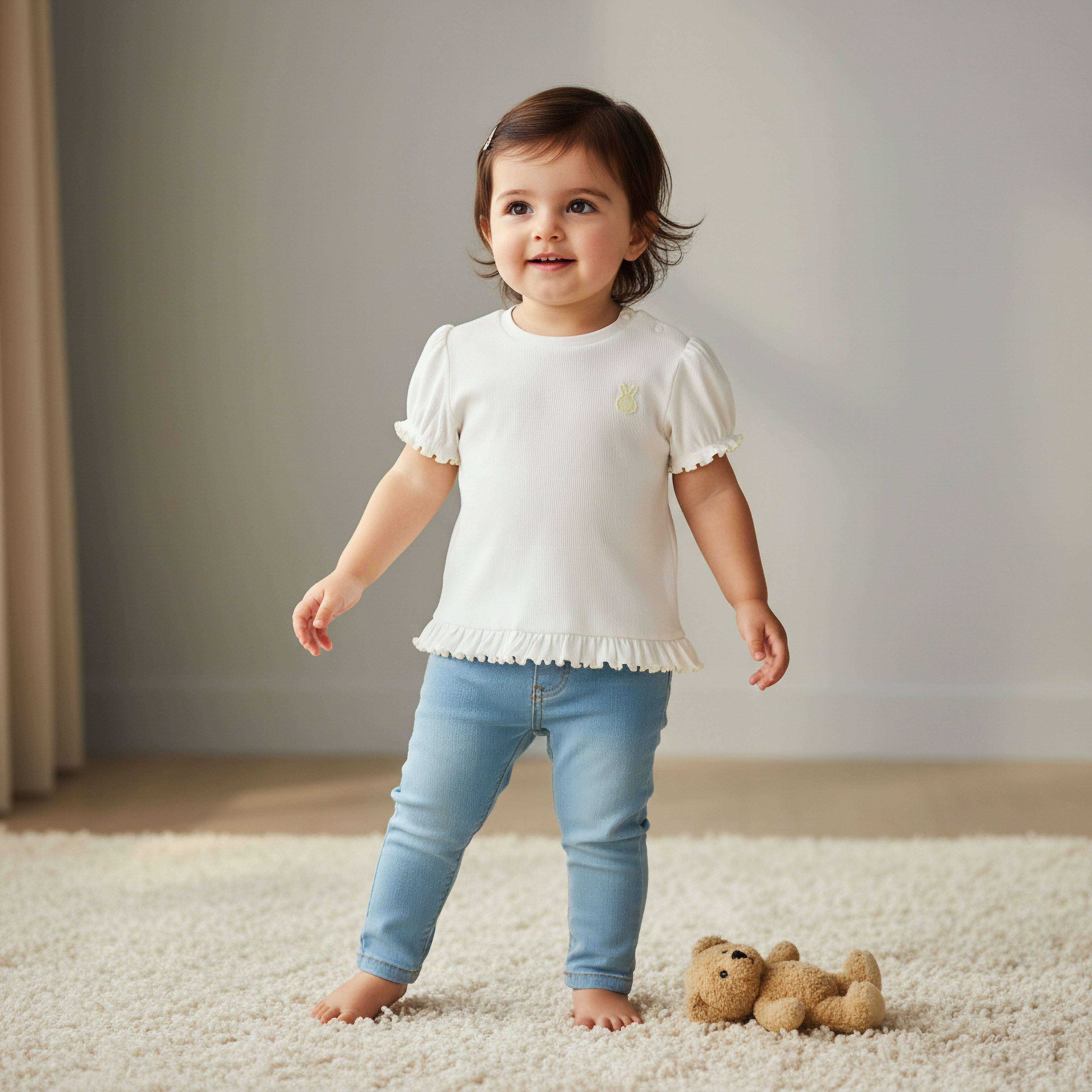 تيشيرت مضلع بأكمام قصيرة منفوخة ورقبة ضيقة من جونيورز-baby-girls-clothing-tshirts-image-5