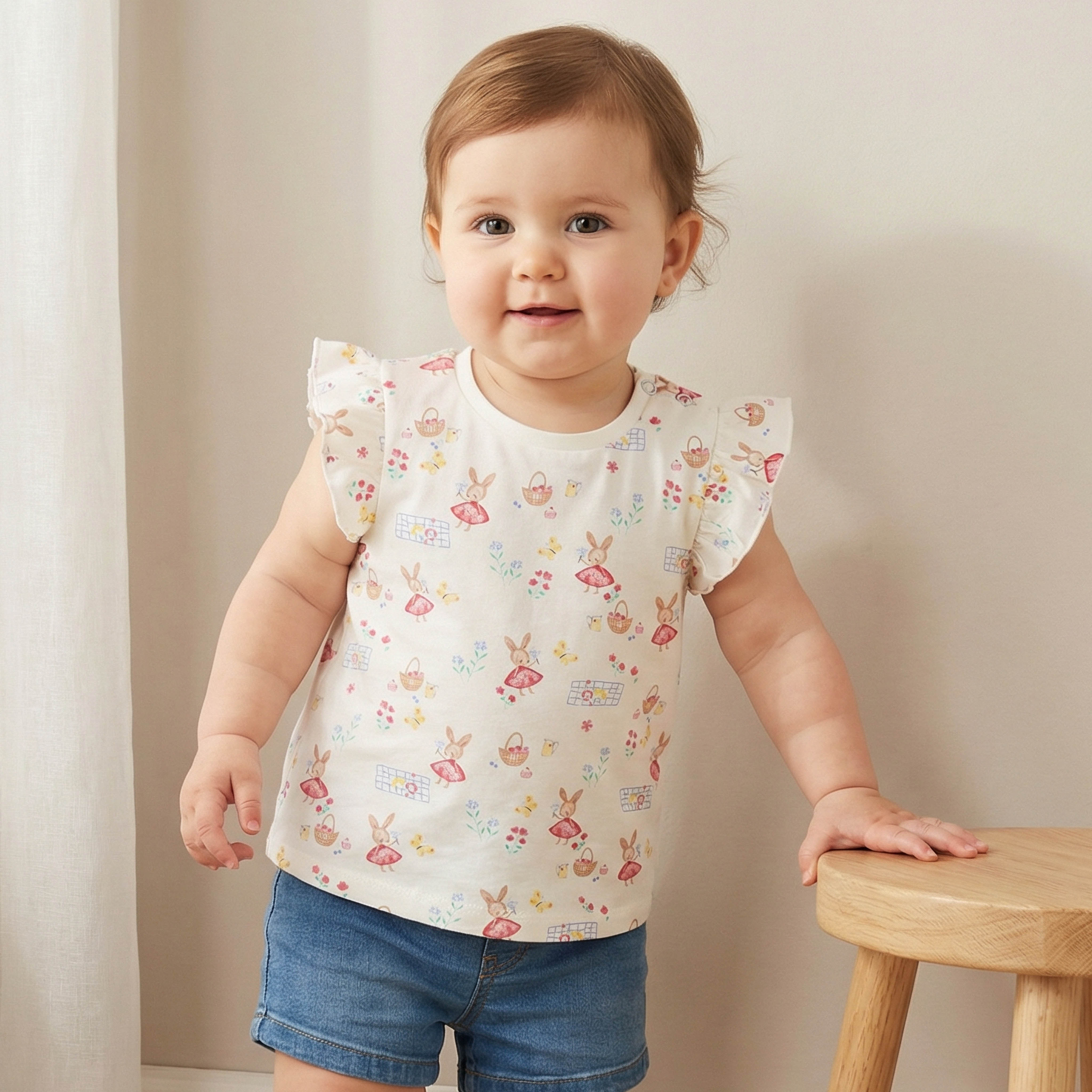 Juniors Round Neck Sleeveless T-shirt with Bunny Print-baby-girls-clothing-tshirts-image-1