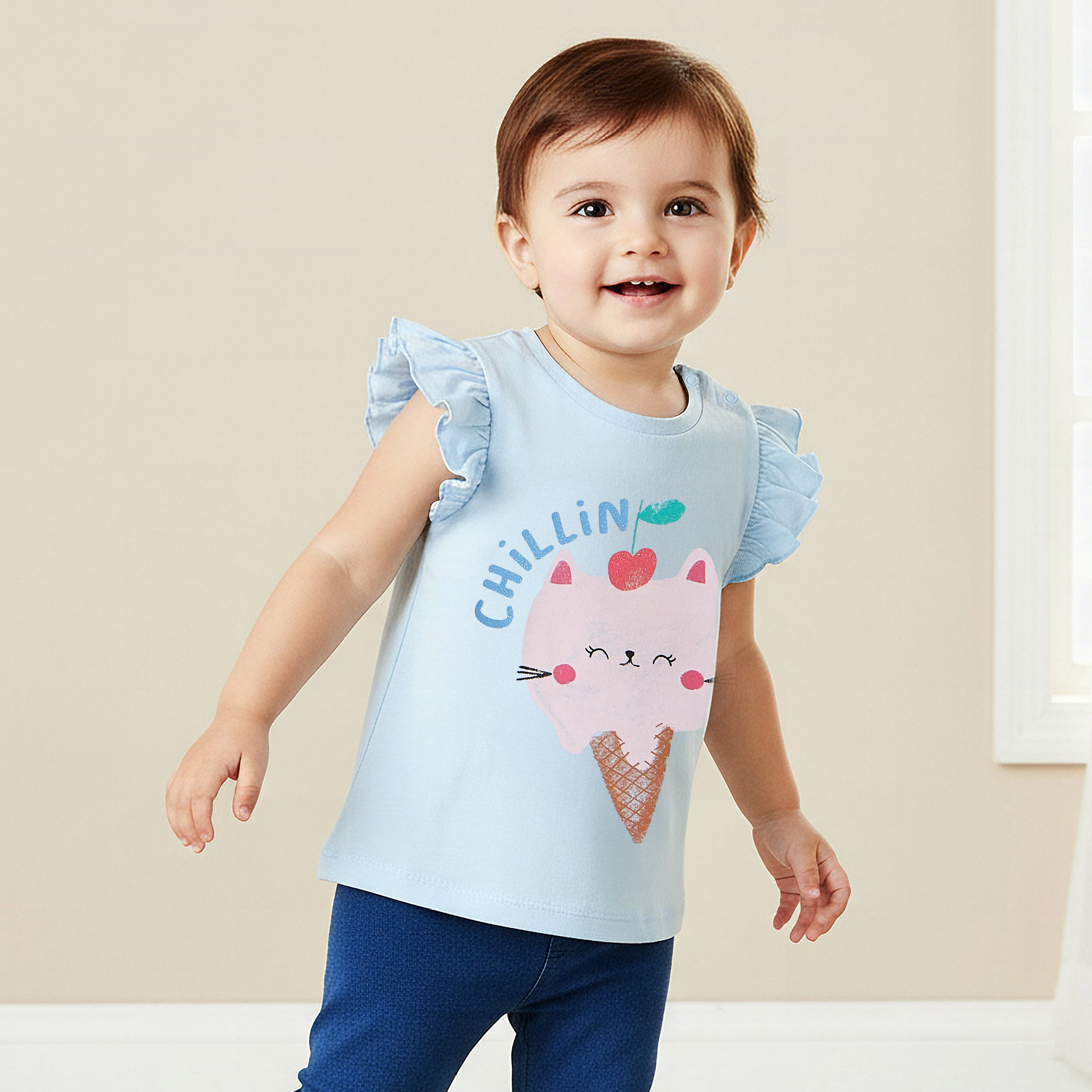 Juniors Crew Neck Sleeveless T-shirt with Graphic Print-baby-girls-clothing-tshirts-image-1