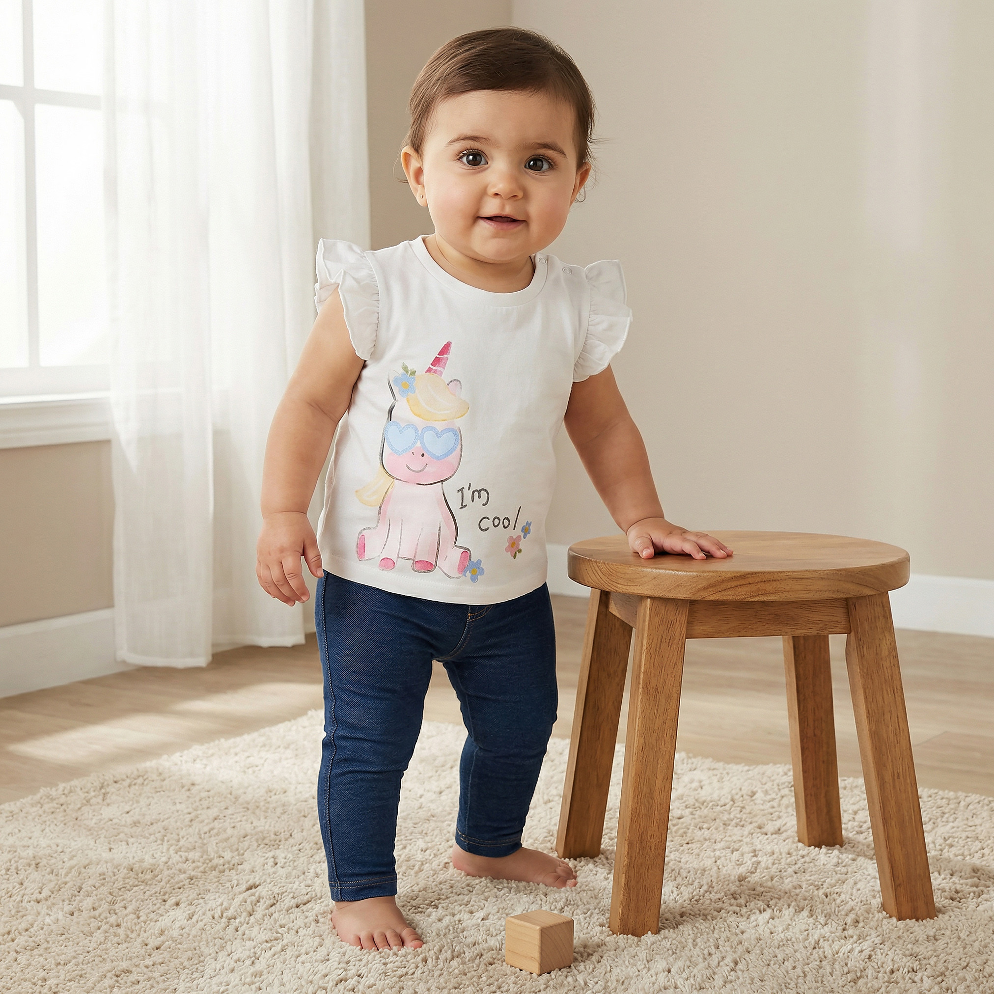 Juniors Round Neck Sleeveless T-shirt with Unicorn Print-baby-girls-clothing-tshirts-image-1