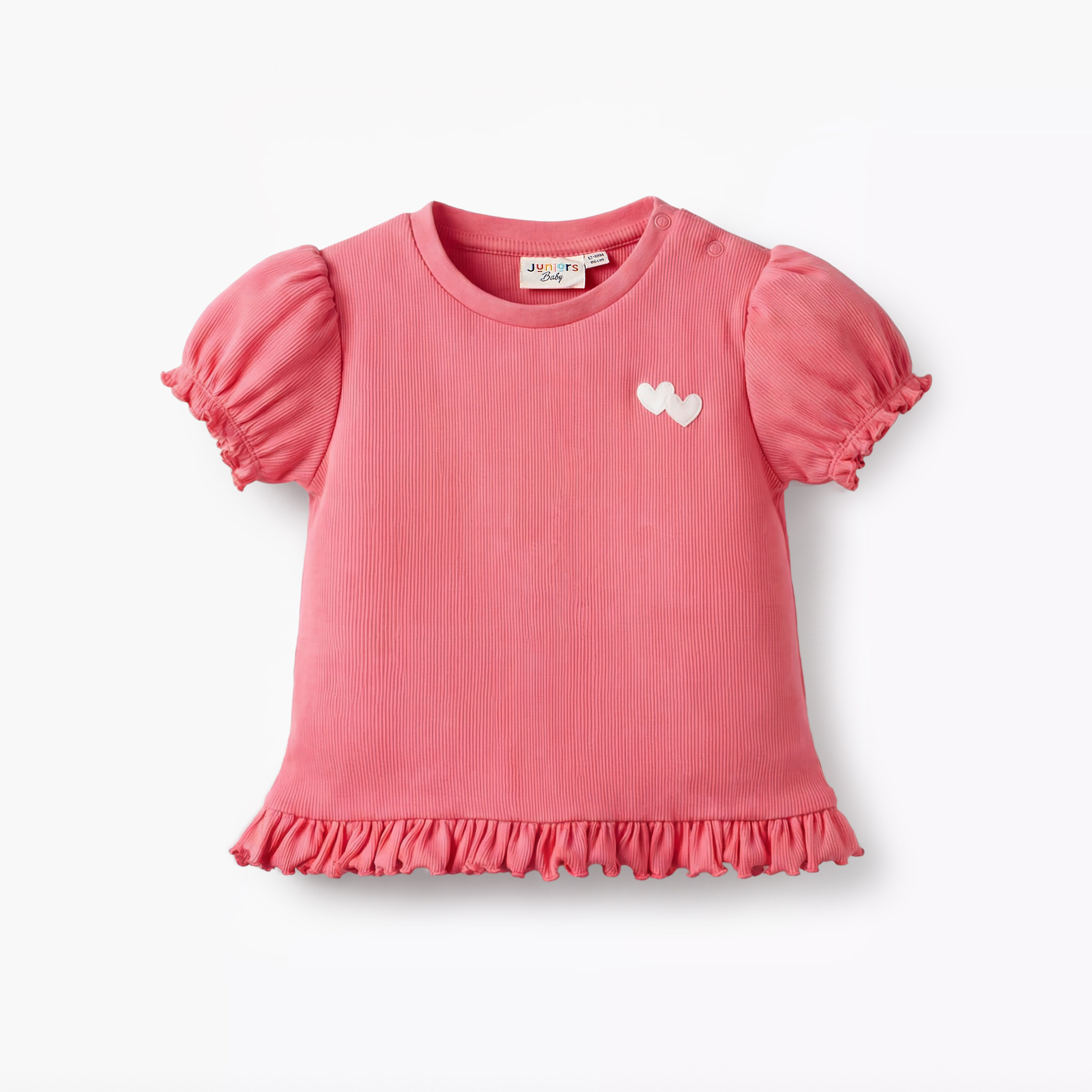 Juniors Round Neck Short Sleeves T-shirt with Heart Applique-baby-girls-clothing-tshirts-image-2