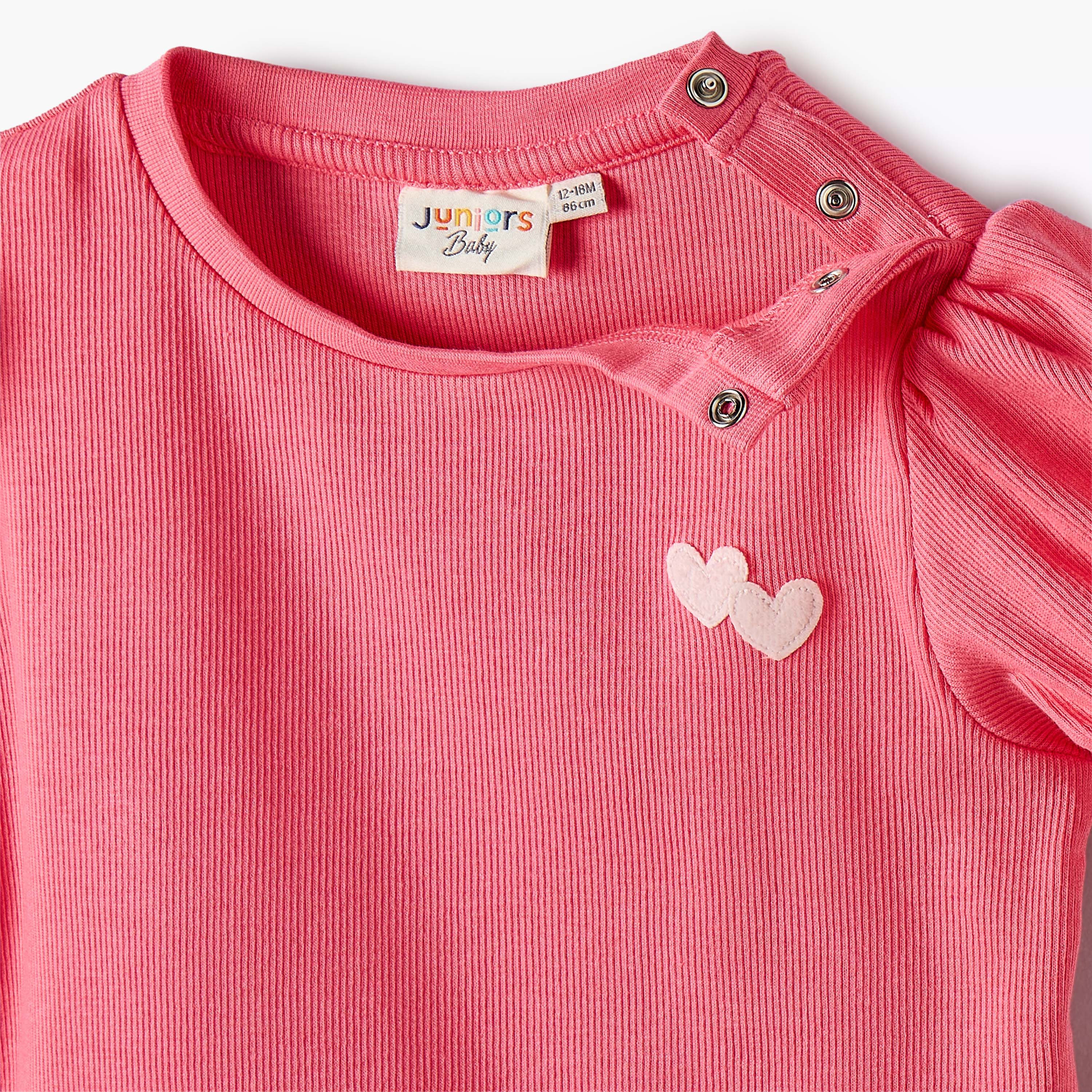 Juniors Round Neck Short Sleeves T-shirt with Heart Applique-baby-girls-clothing-tshirts-image-4