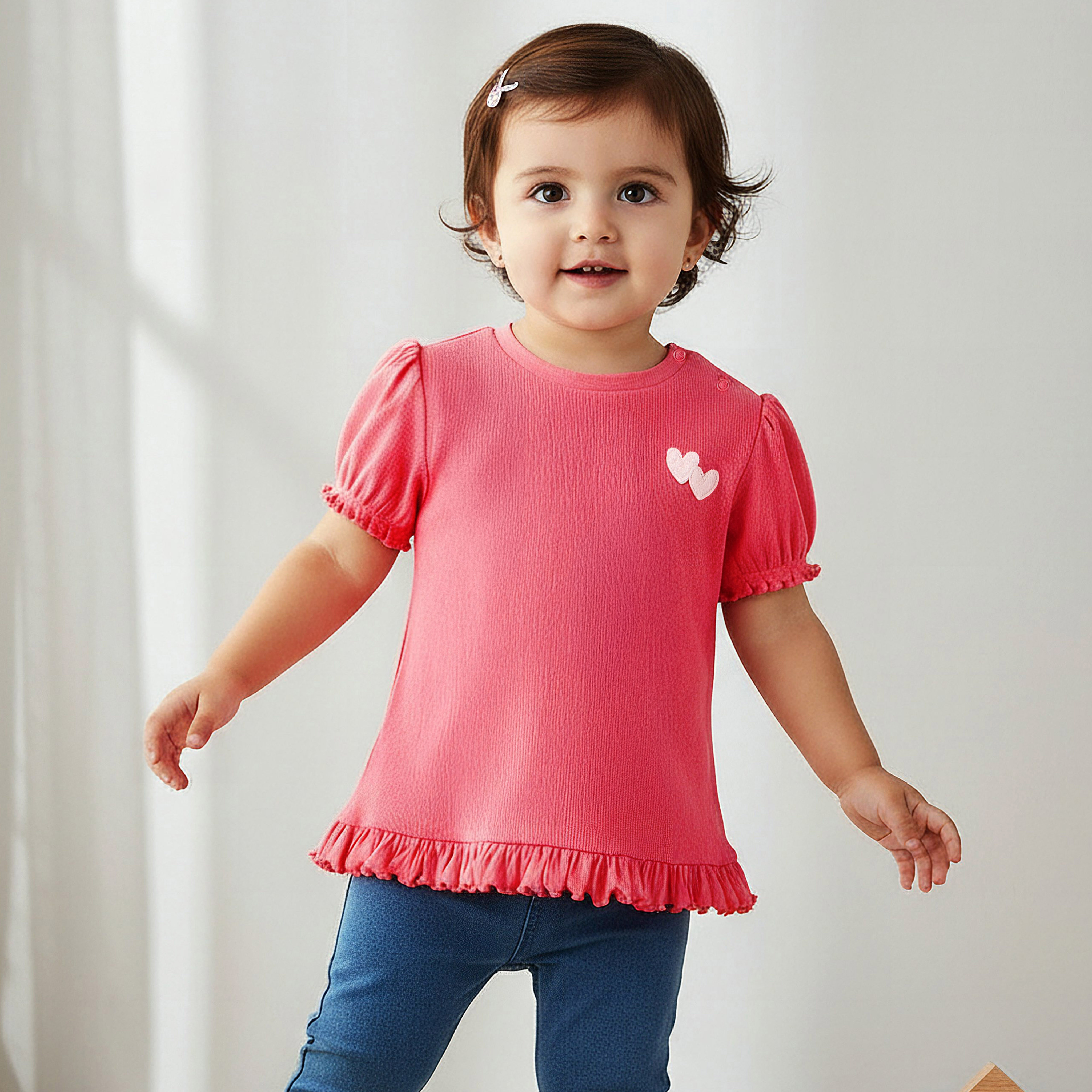 Juniors Round Neck Short Sleeves T-shirt with Heart Applique-baby-girls-clothing-tshirts-image-1