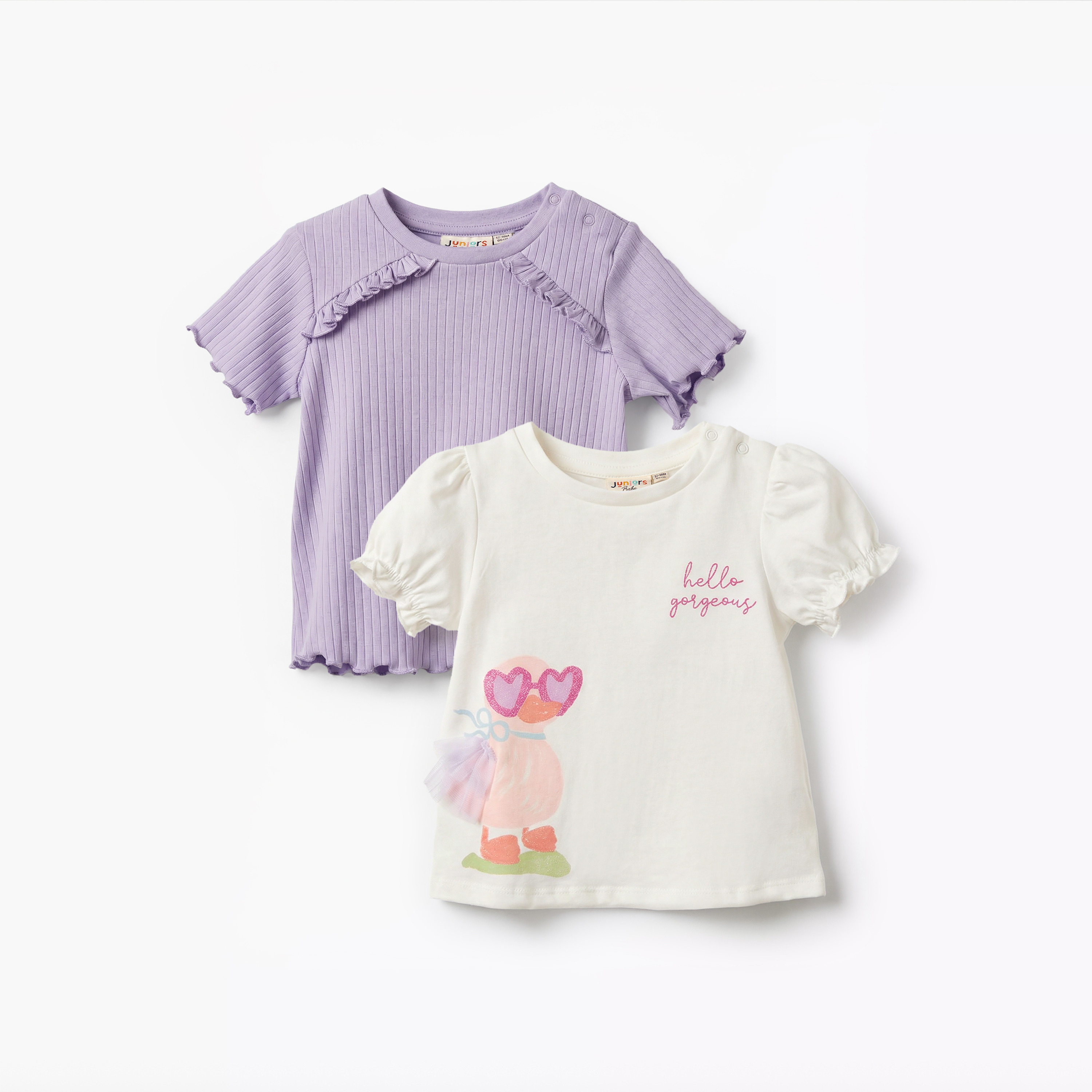Pack of 2 Juniors Round Neck Short Sleeve T-shirt with Snap Button Closure-baby-girls-clothing-tshirts-image-1