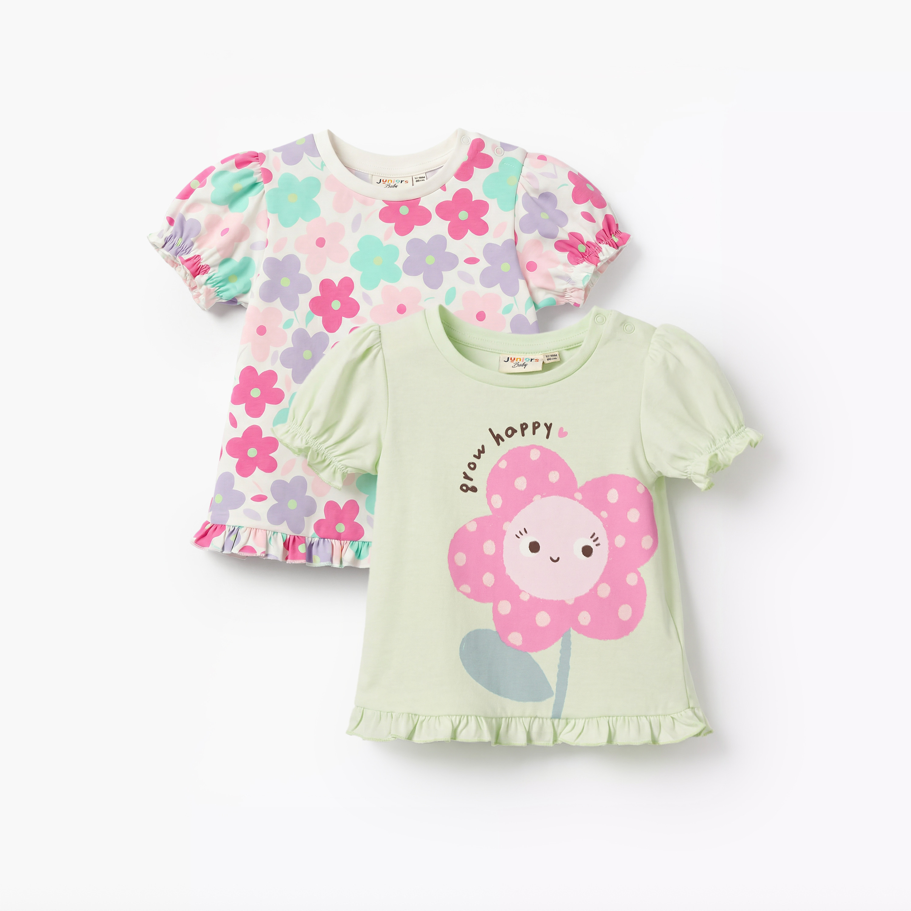 Pack of 2 Juniors Crew Neck Short Sleeve T-shirt with Floral Print-baby-girls-clothing-tshirts-image-1