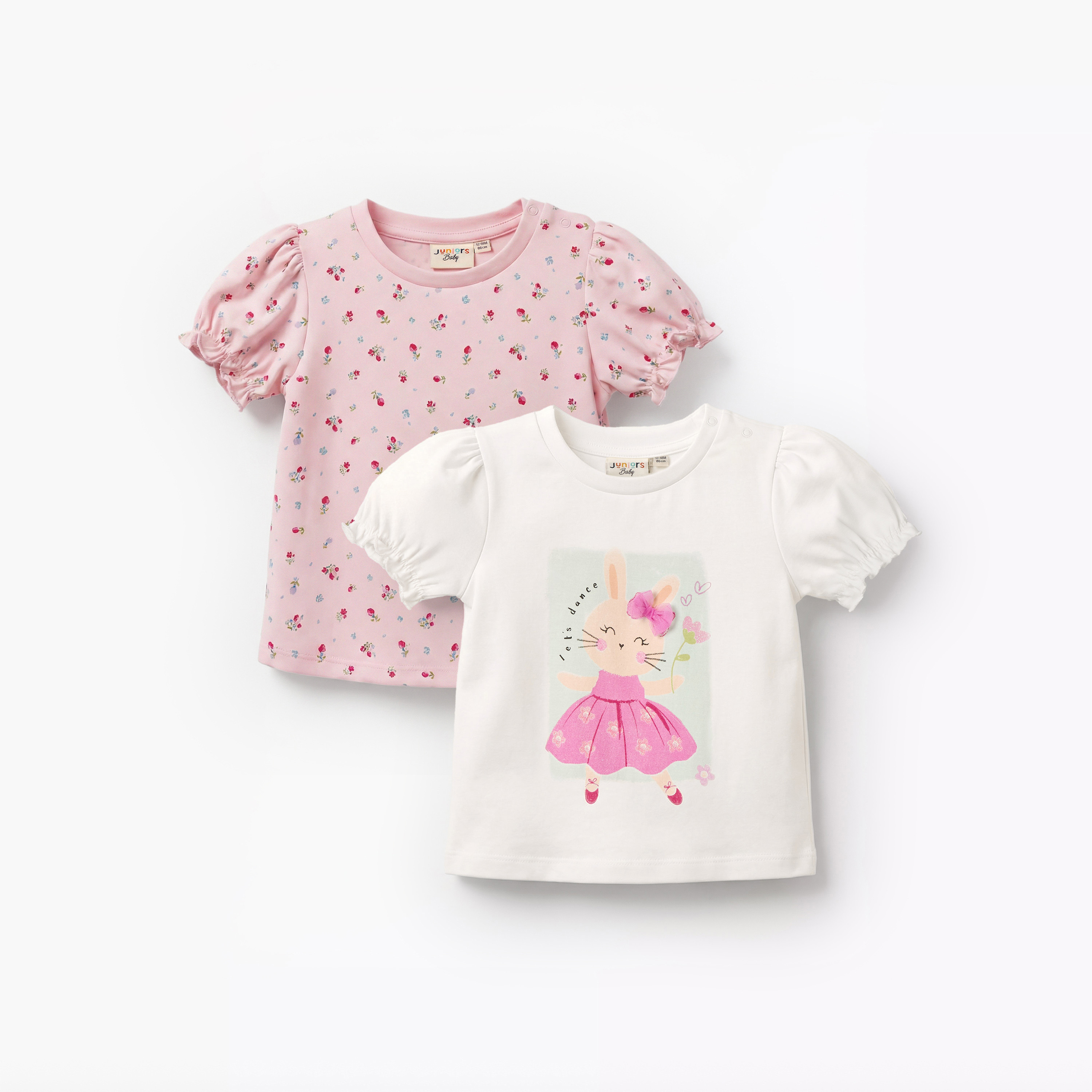 Pack of 2 Juniors Round Neck Short Sleeves T-shirt with Assorted Prints-baby-girls-clothing-tshirts-image-1