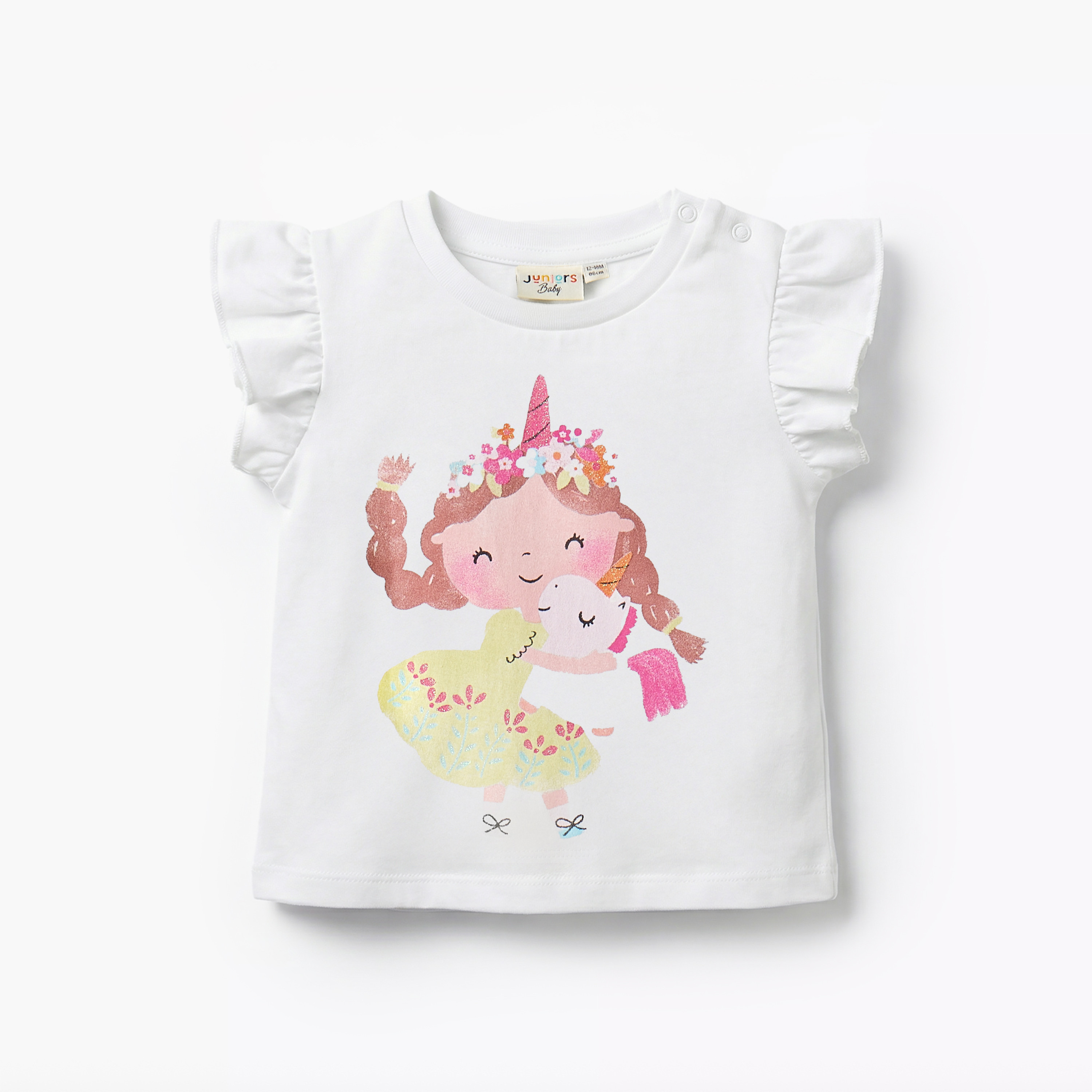 Juniors Round Neck Ruffle Sleeves T-shirt with Unicorn Print-baby-girls-clothing-tshirts-image-1
