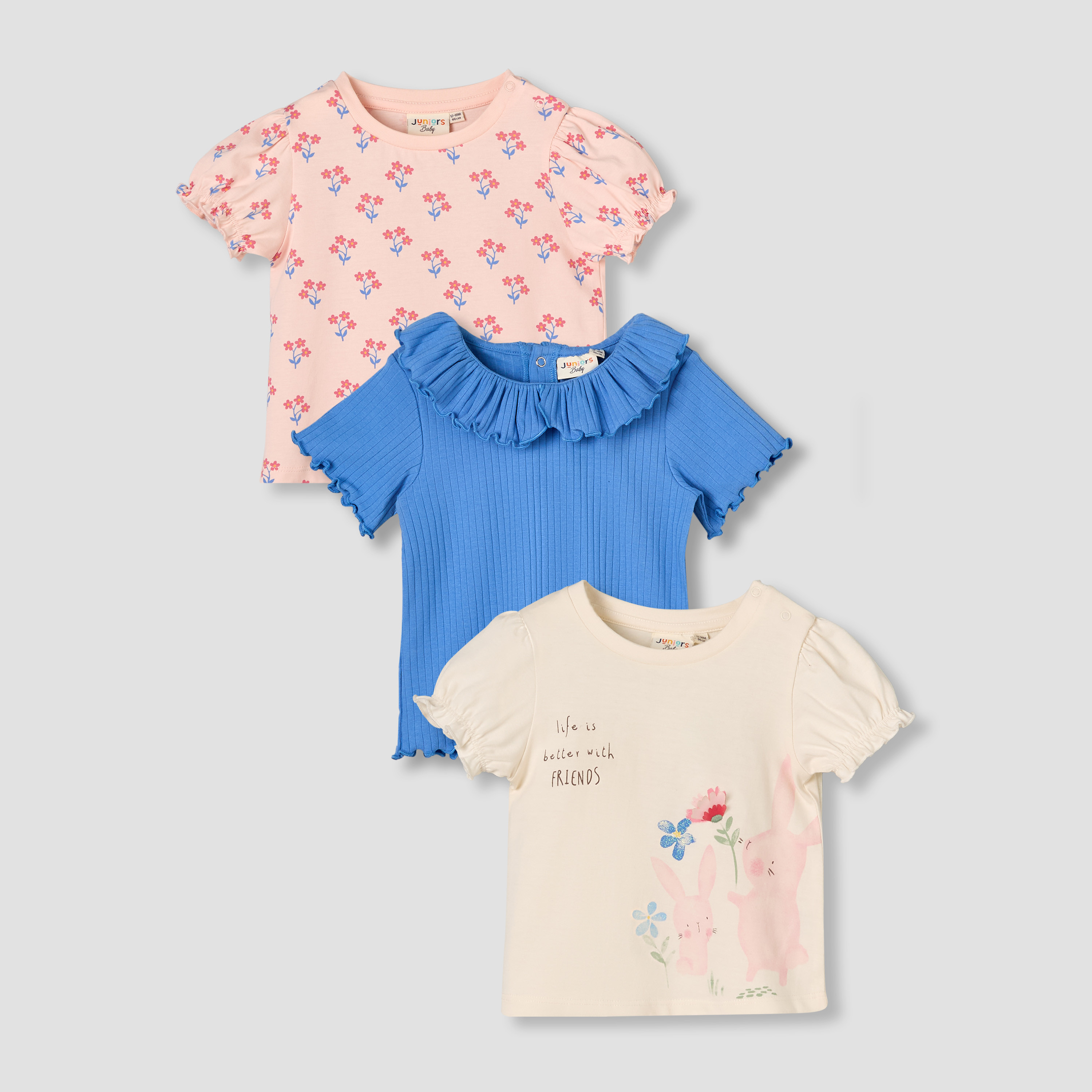 Pack of 3 Juniors Round Neck Short Sleeve T-shirt-baby-girls-clothing-tshirts-image-1
